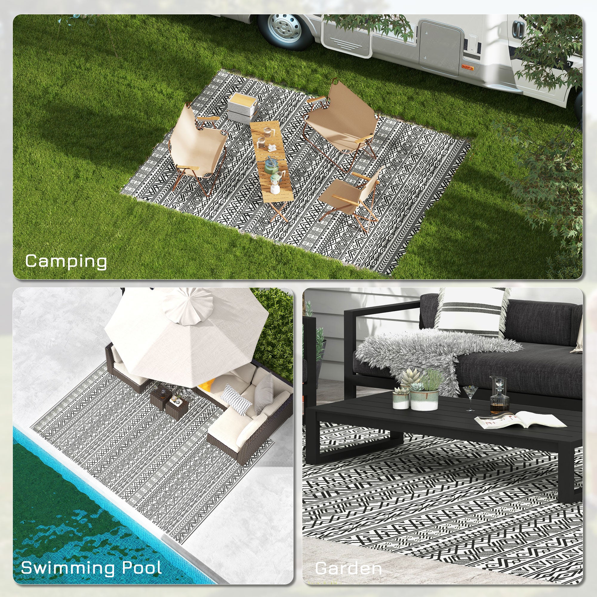 9' x 12' Reversible Mat w/ Carry Bag, Boho Waterproof RV Rug for Backyard, Grey & White - Image 7