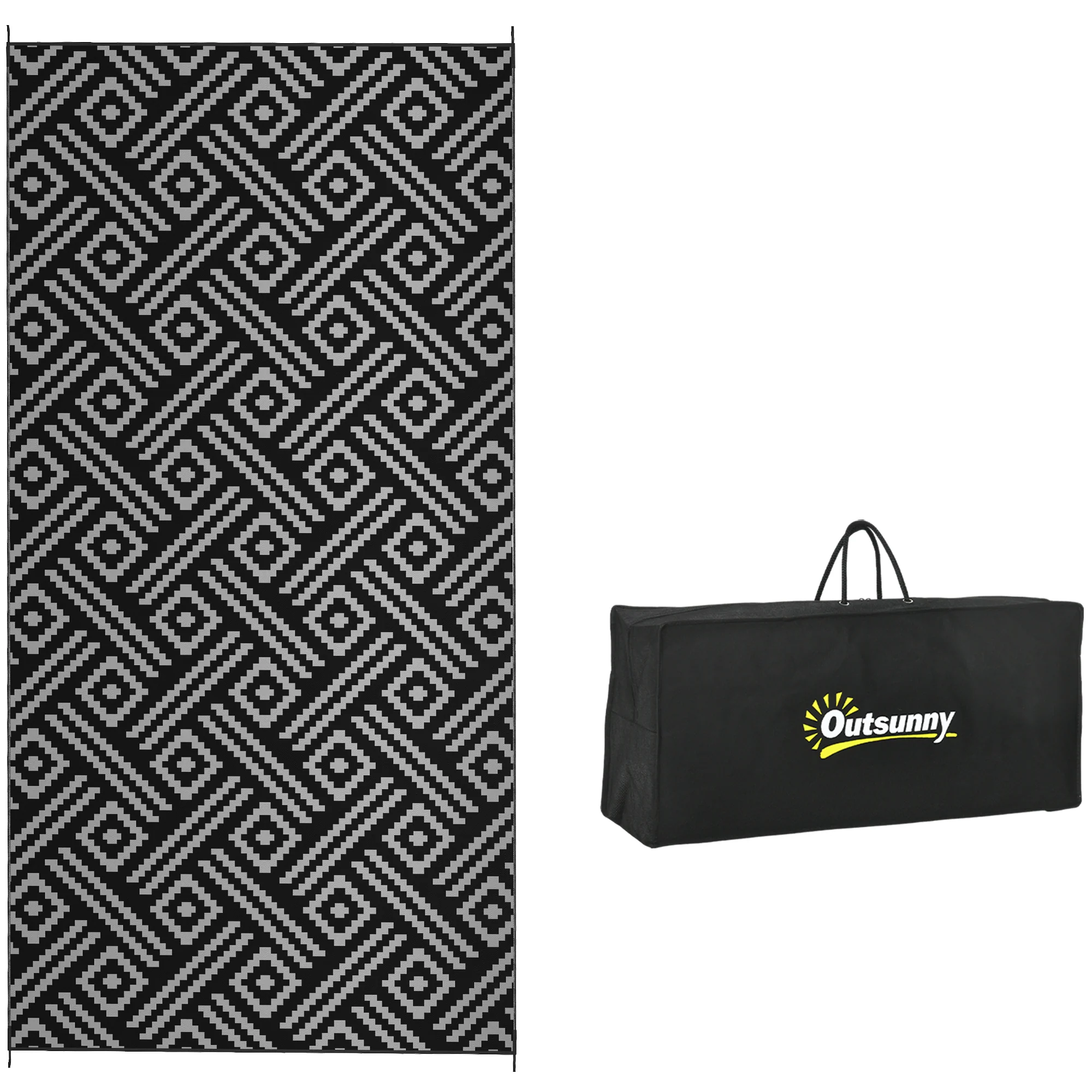 9' x 18' Reversible Mat w/ Carry Bag, Geometric Waterproof RV Rug for Backyard, Black & Grey - Image 12