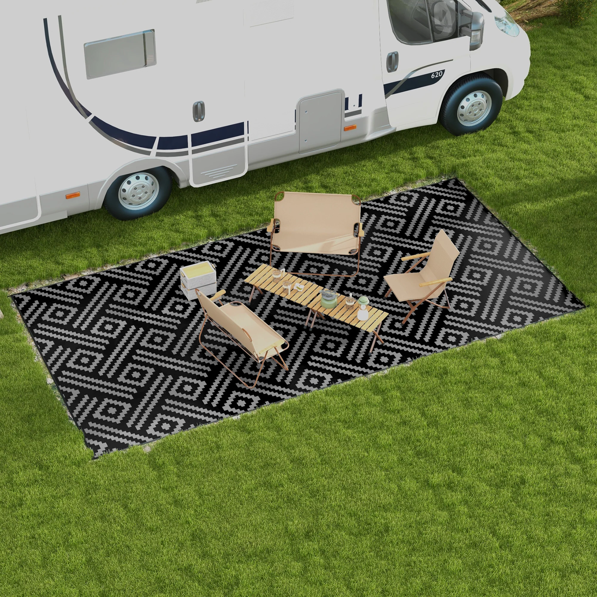 9' x 18' Reversible Mat w/ Carry Bag, Geometric Waterproof RV Rug for Backyard, Black & Grey - Image 4