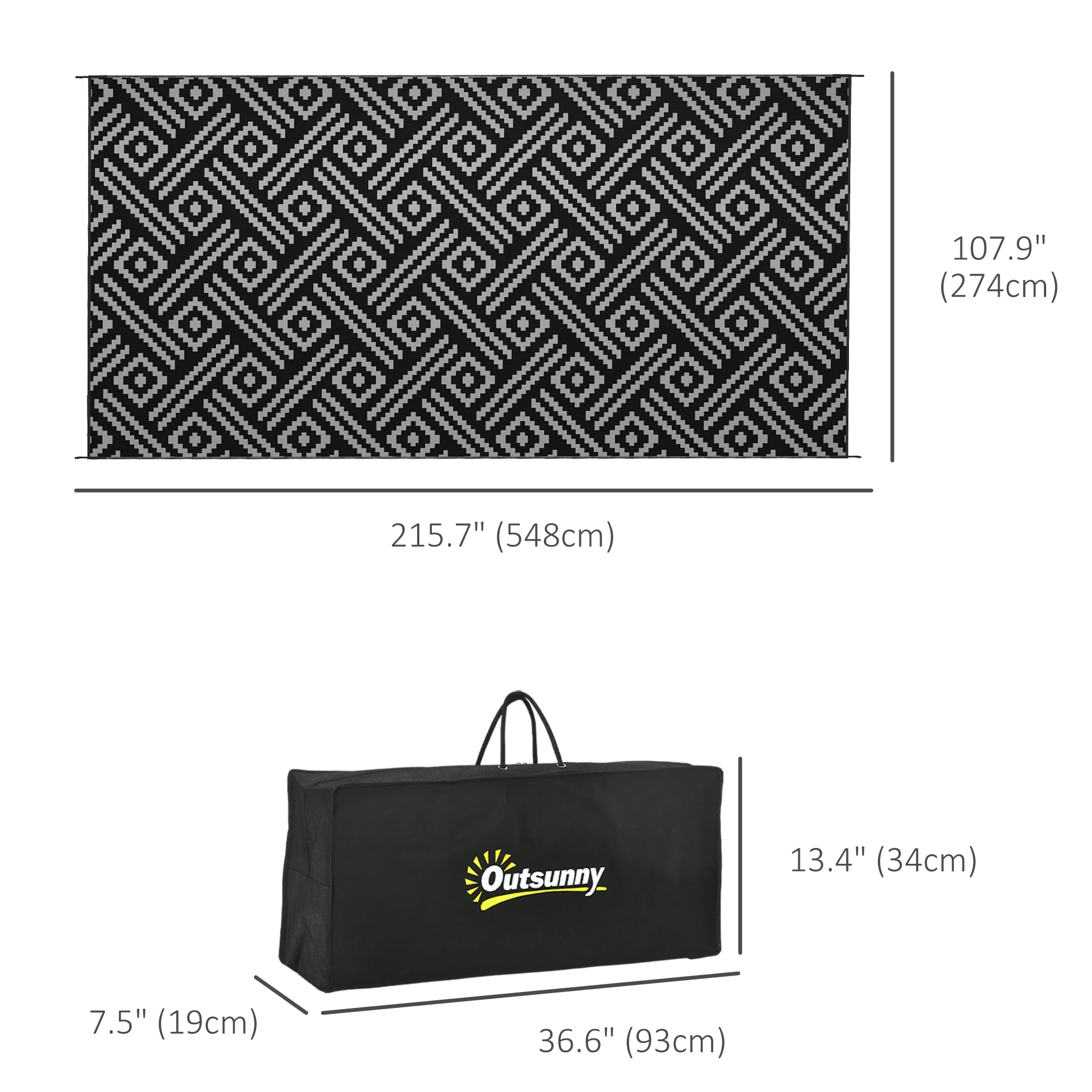 9' x 18' Reversible Mat w/ Carry Bag, Geometric Waterproof RV Rug for Backyard, Black & Grey - Image 5