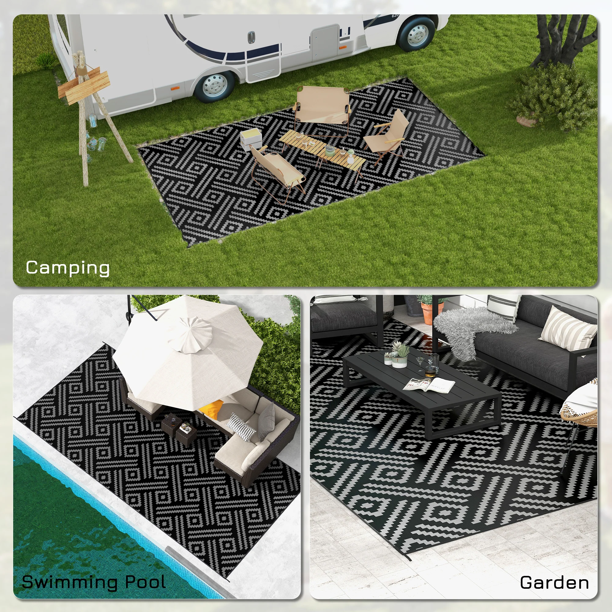 9' x 18' Reversible Mat w/ Carry Bag, Geometric Waterproof RV Rug for Backyard, Black & Grey - Image 7
