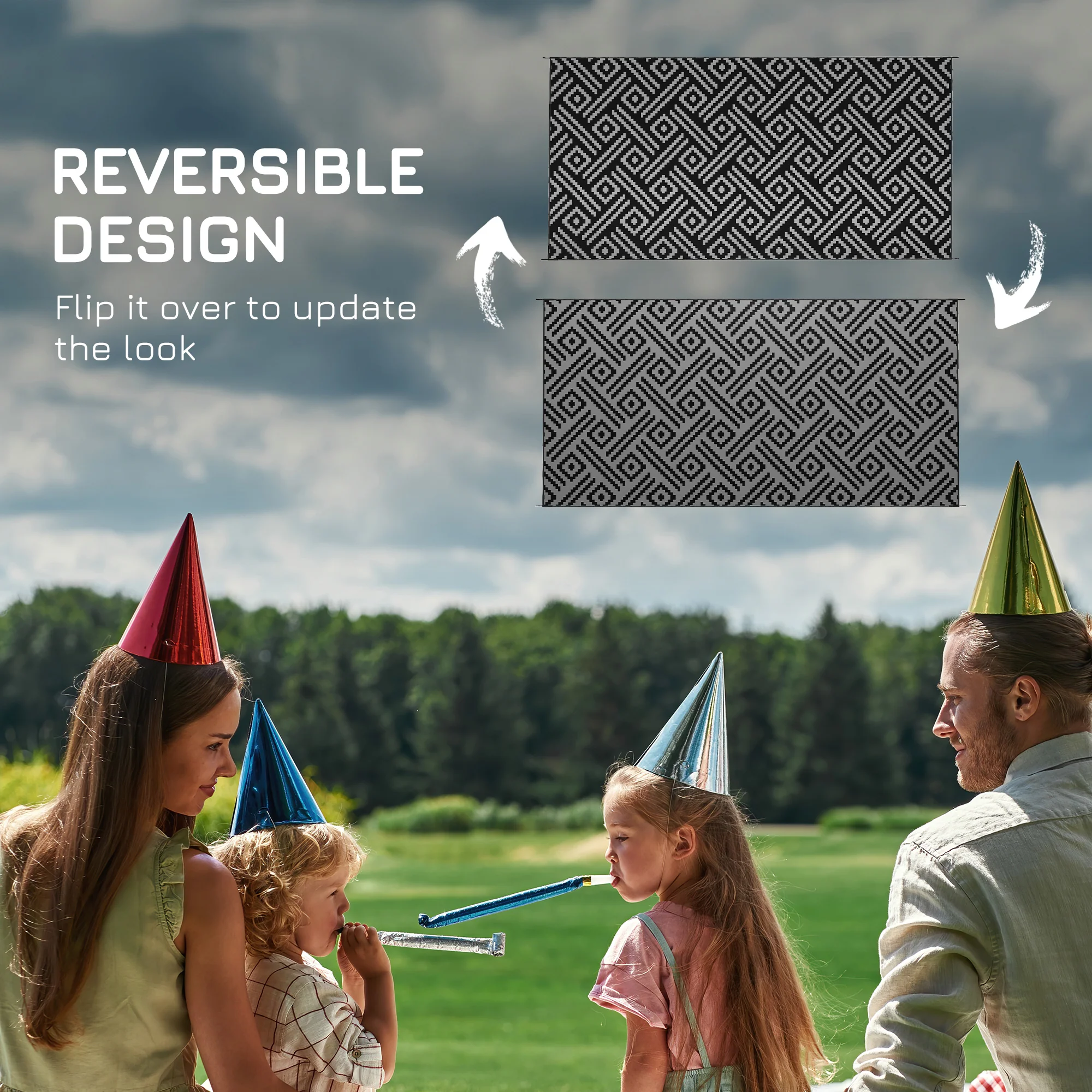 9' x 18' Reversible Mat w/ Carry Bag, Geometric Waterproof RV Rug for Backyard, Black & Grey - Image 9