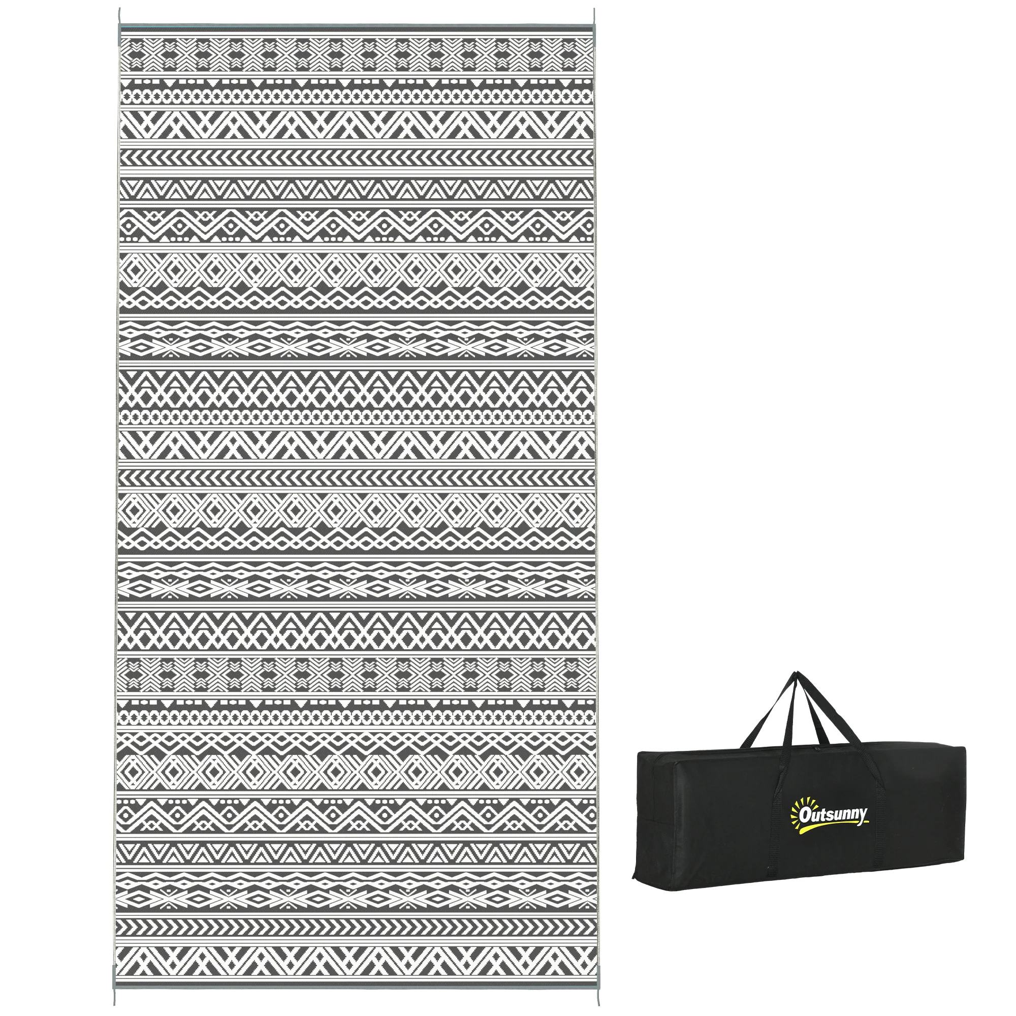 9' x 18' Reversible Mat w/ Carry Bag, Boho Waterproof RV Rug for Backyard, Grey & White