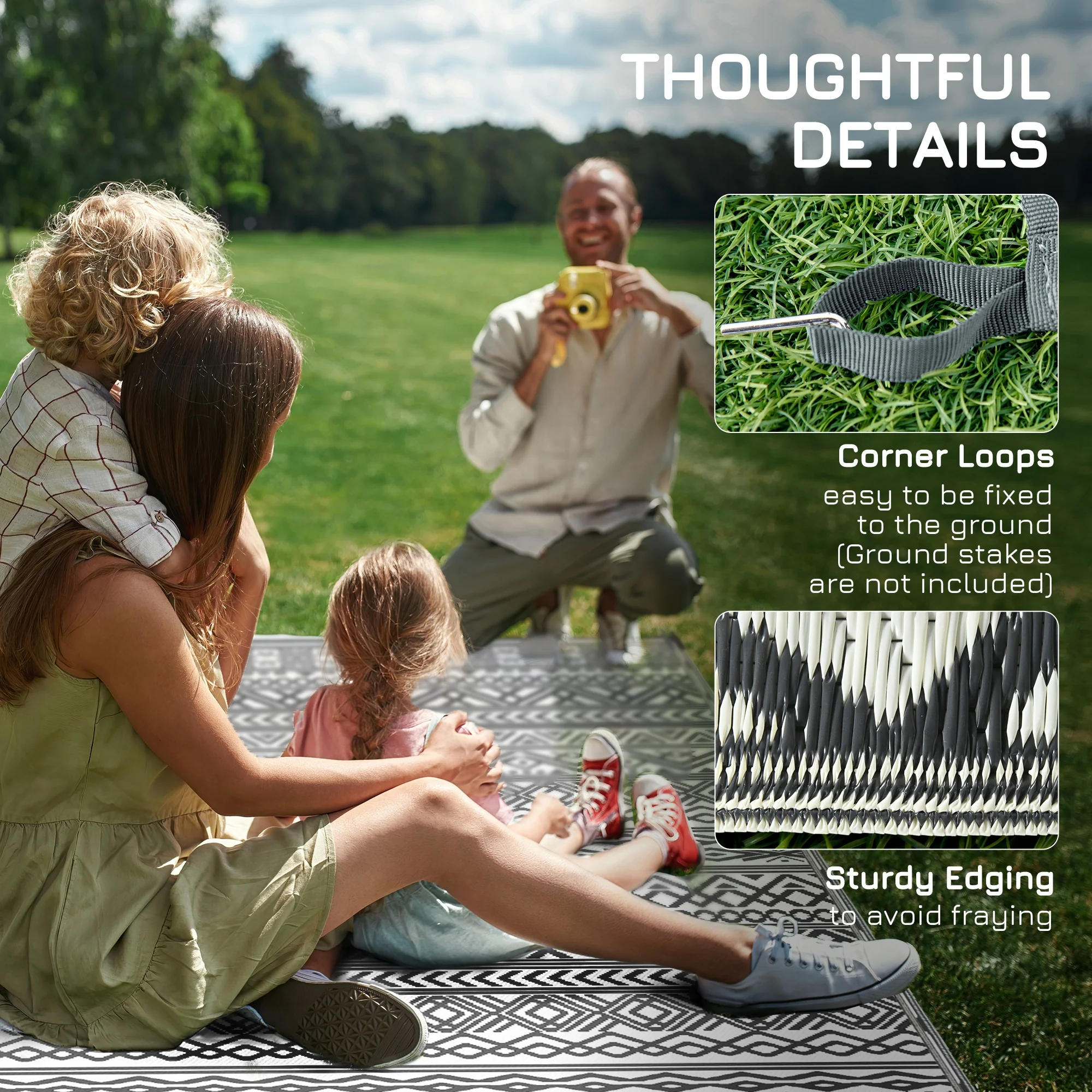 9' x 18' Reversible Mat w/ Carry Bag, Boho Waterproof RV Rug for Backyard, Grey & White - Image 10