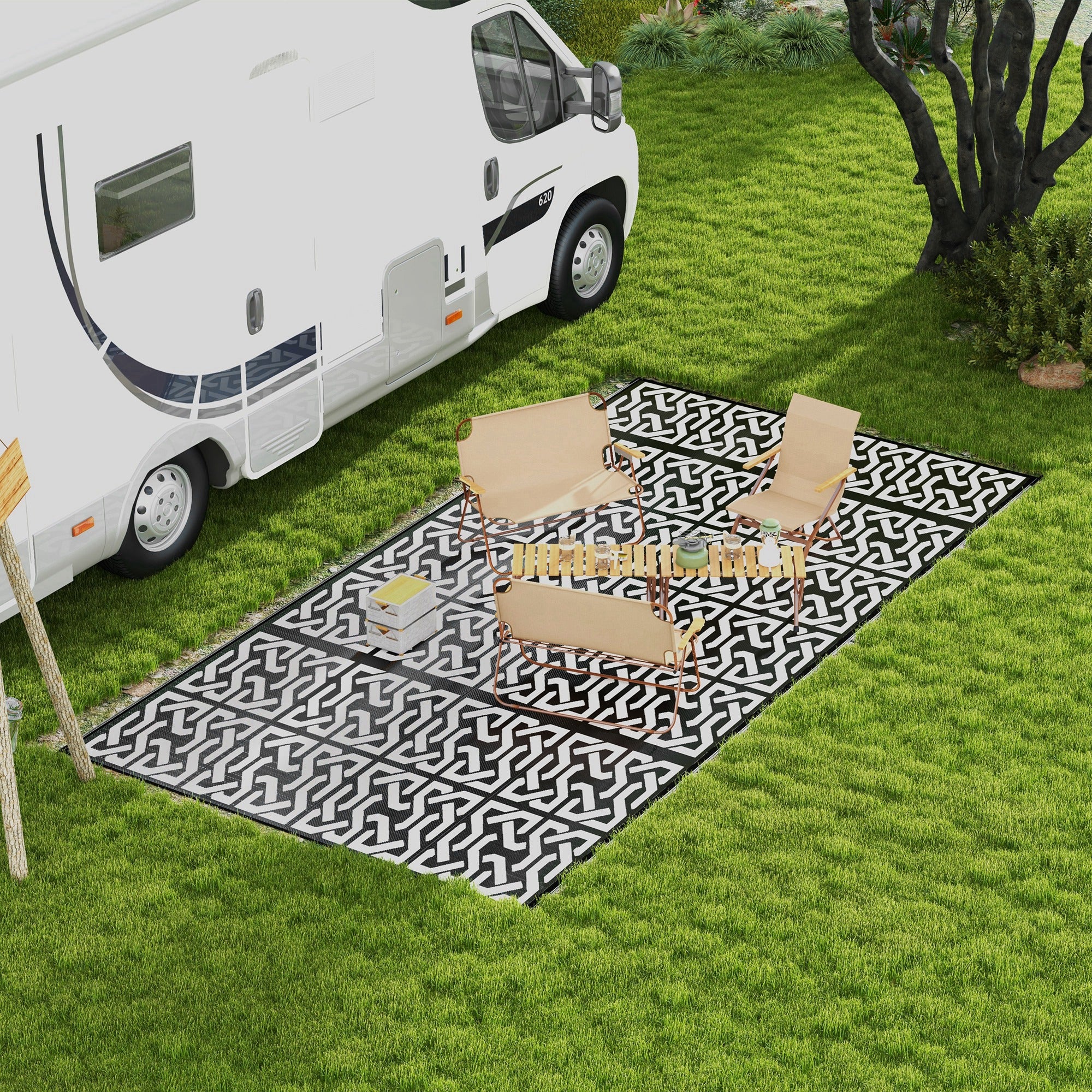 Portable Outdoor Rug with Carry Bag, 9' x 18' Reversible Mat, Waterproof Plastic Straw RV Rug for Backyard, Deck, Picnic, Beach, Camping, Black and White Chain - Image 4