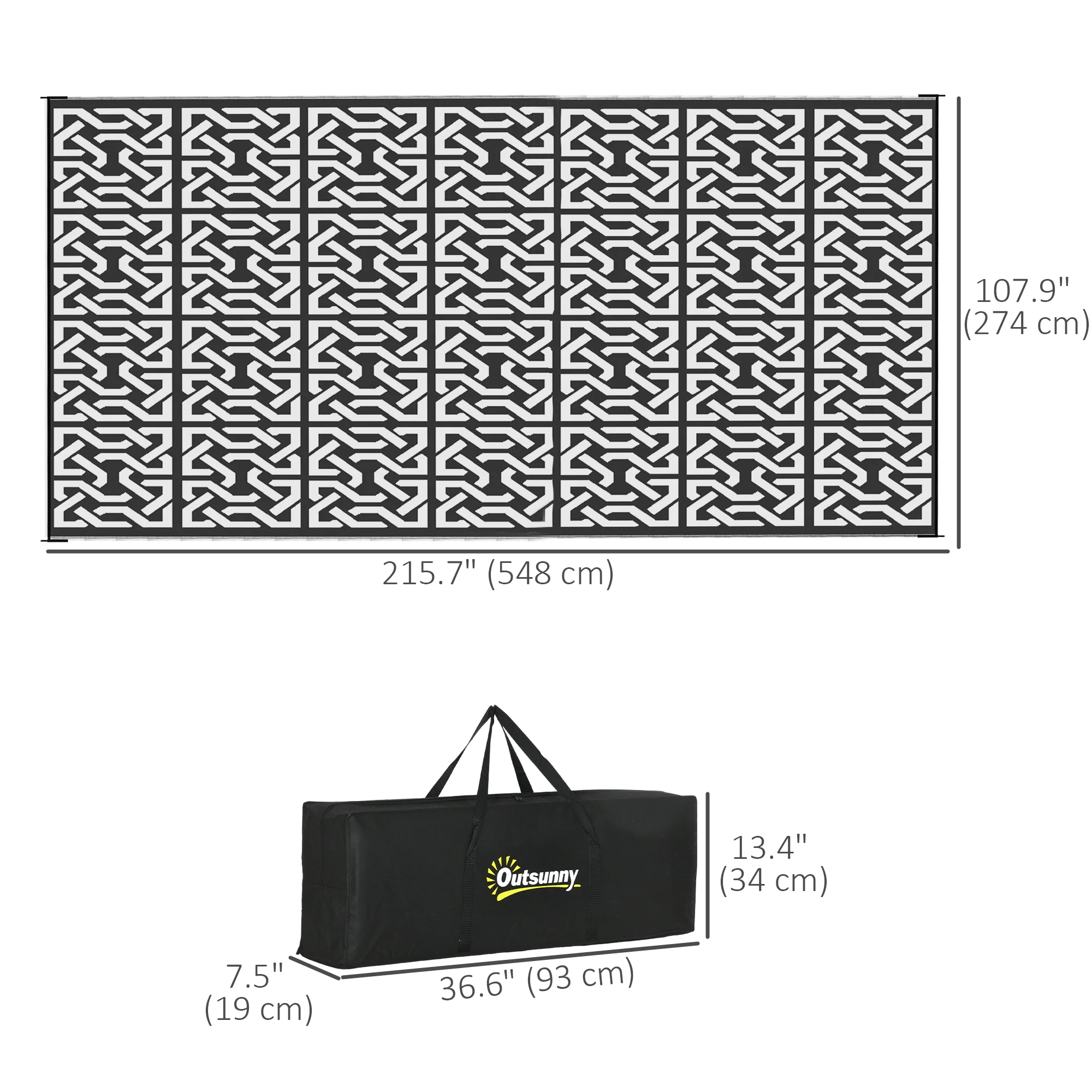Portable Outdoor Rug with Carry Bag, 9' x 18' Reversible Mat, Waterproof Plastic Straw RV Rug for Backyard, Deck, Picnic, Beach, Camping, Black and White Chain - Image 5