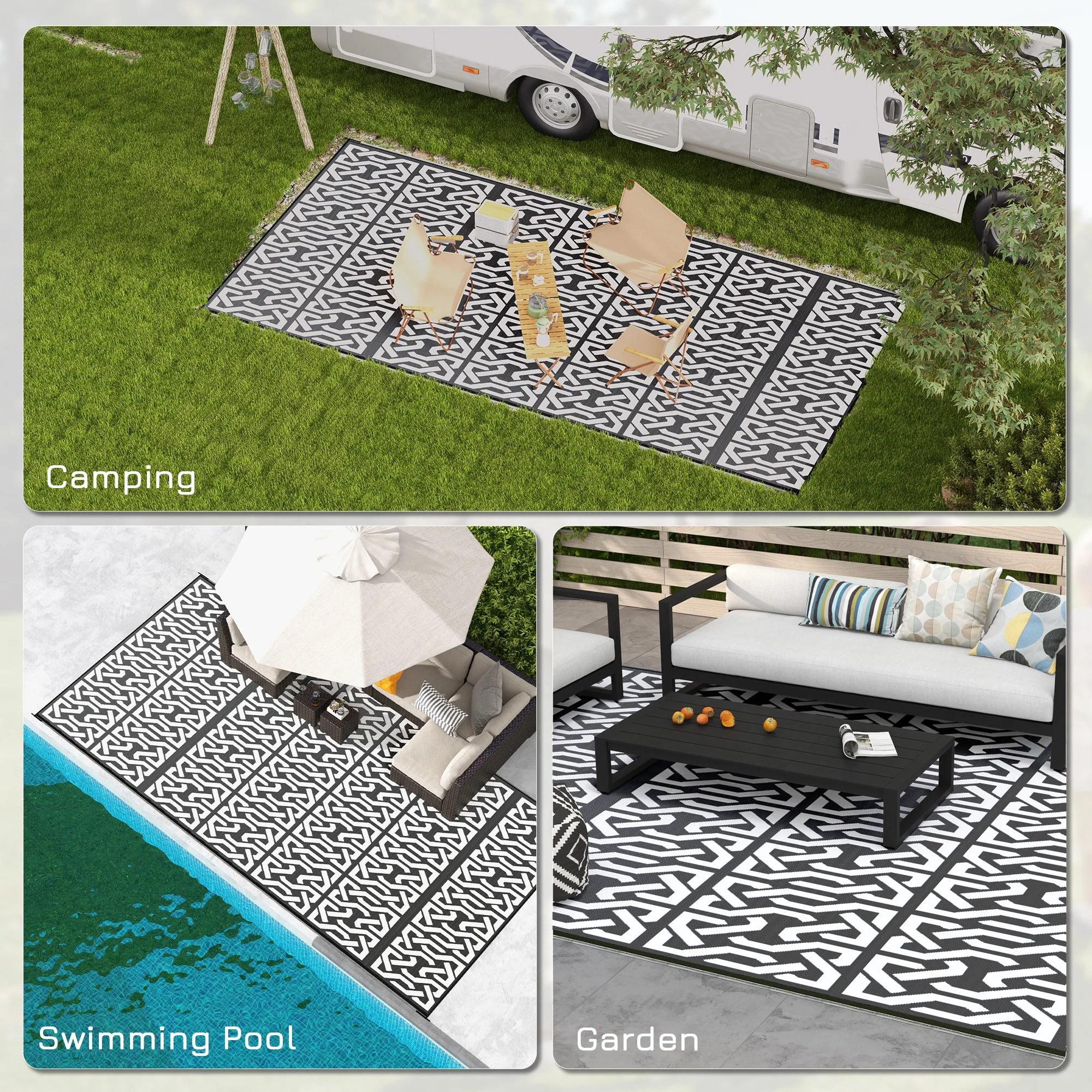 Portable Outdoor Rug with Carry Bag, 9' x 18' Reversible Mat, Waterproof Plastic Straw RV Rug for Backyard, Deck, Picnic, Beach, Camping, Black and White Chain - Image 7