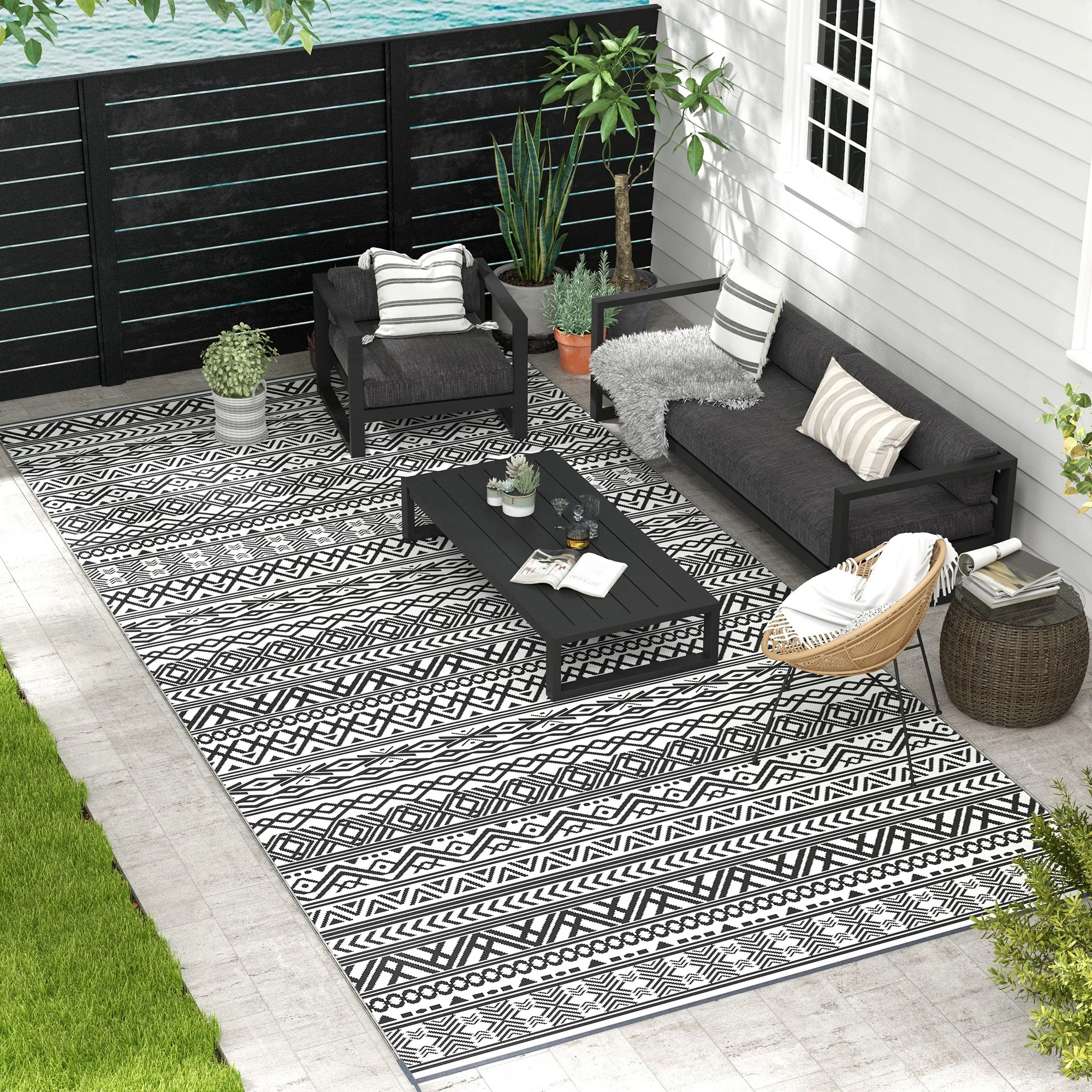 9' x 18' Reversible Mat w/ Carry Bag, Boho Waterproof RV Rug for Backyard, Grey & White - Image 3