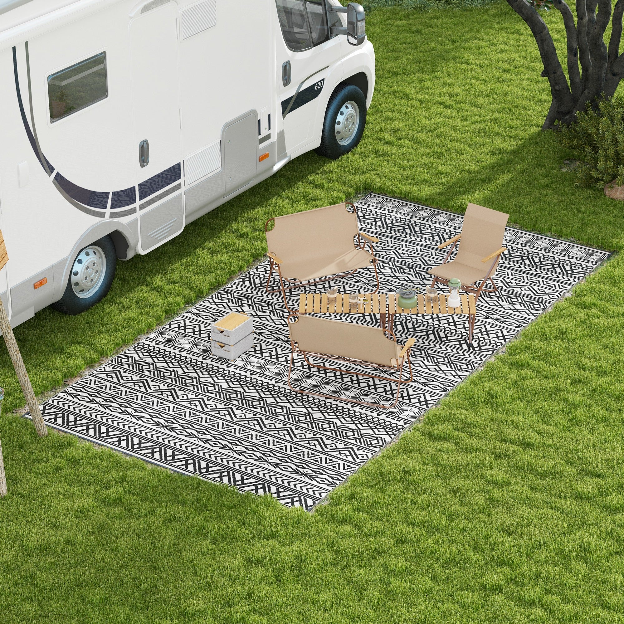 9' x 18' Reversible Mat w/ Carry Bag, Boho Waterproof RV Rug for Backyard, Grey & White - Image 4