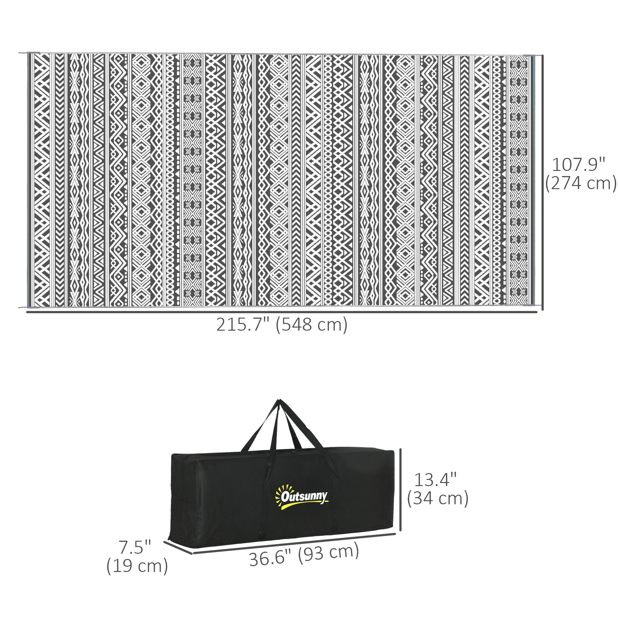 9' x 18' Reversible Mat w/ Carry Bag, Boho Waterproof RV Rug for Backyard, Grey & White - Image 5