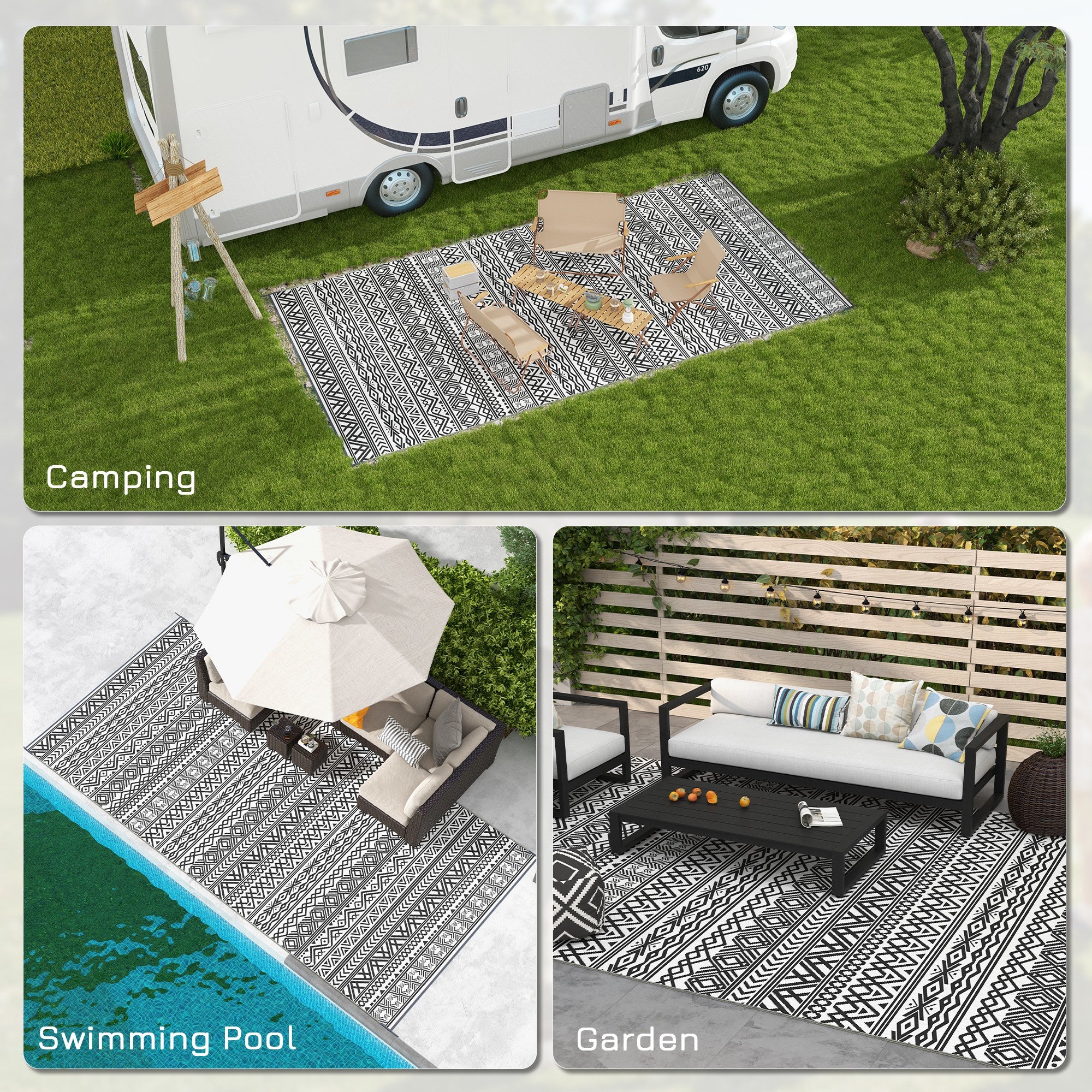 9' x 18' Reversible Mat w/ Carry Bag, Boho Waterproof RV Rug for Backyard, Grey & White - Image 7