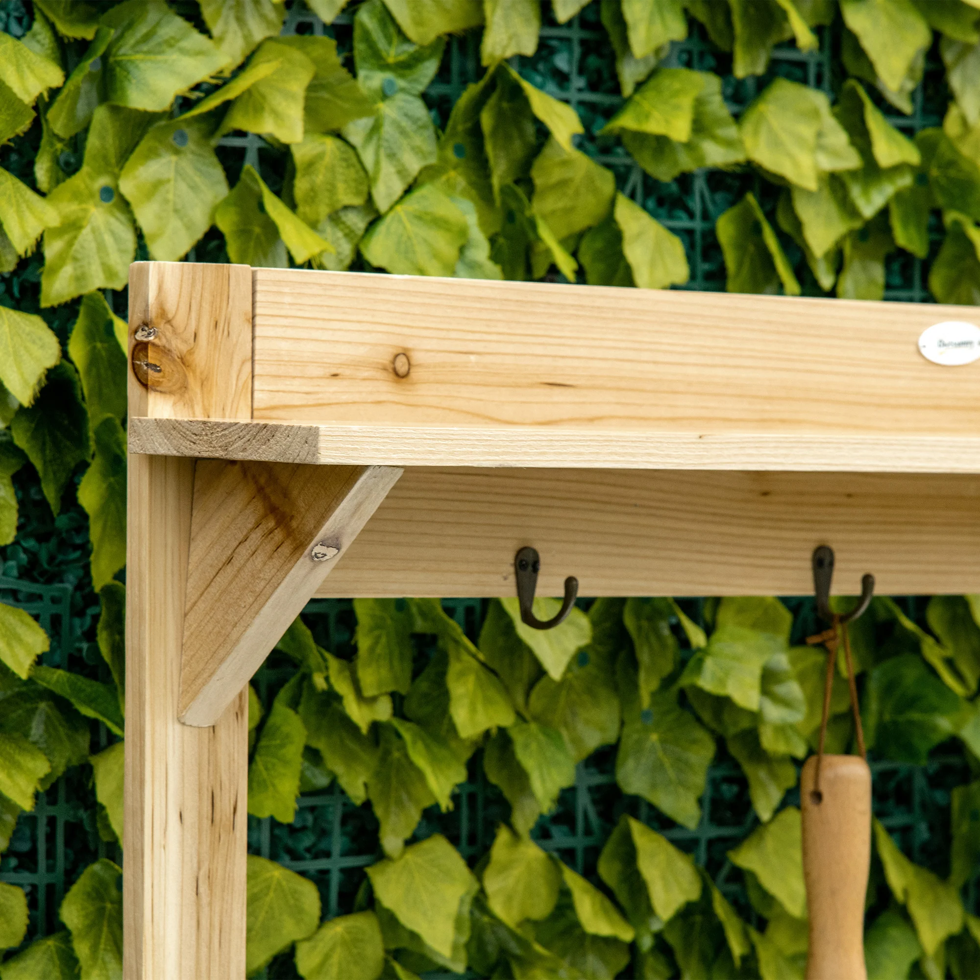 Potting Bench Table, Wooden Garden Workstation Bench with Galvanized Metal Tabletop, Storage Shelves and Hooks for Patios, Courtyards, Balcony - Image 11