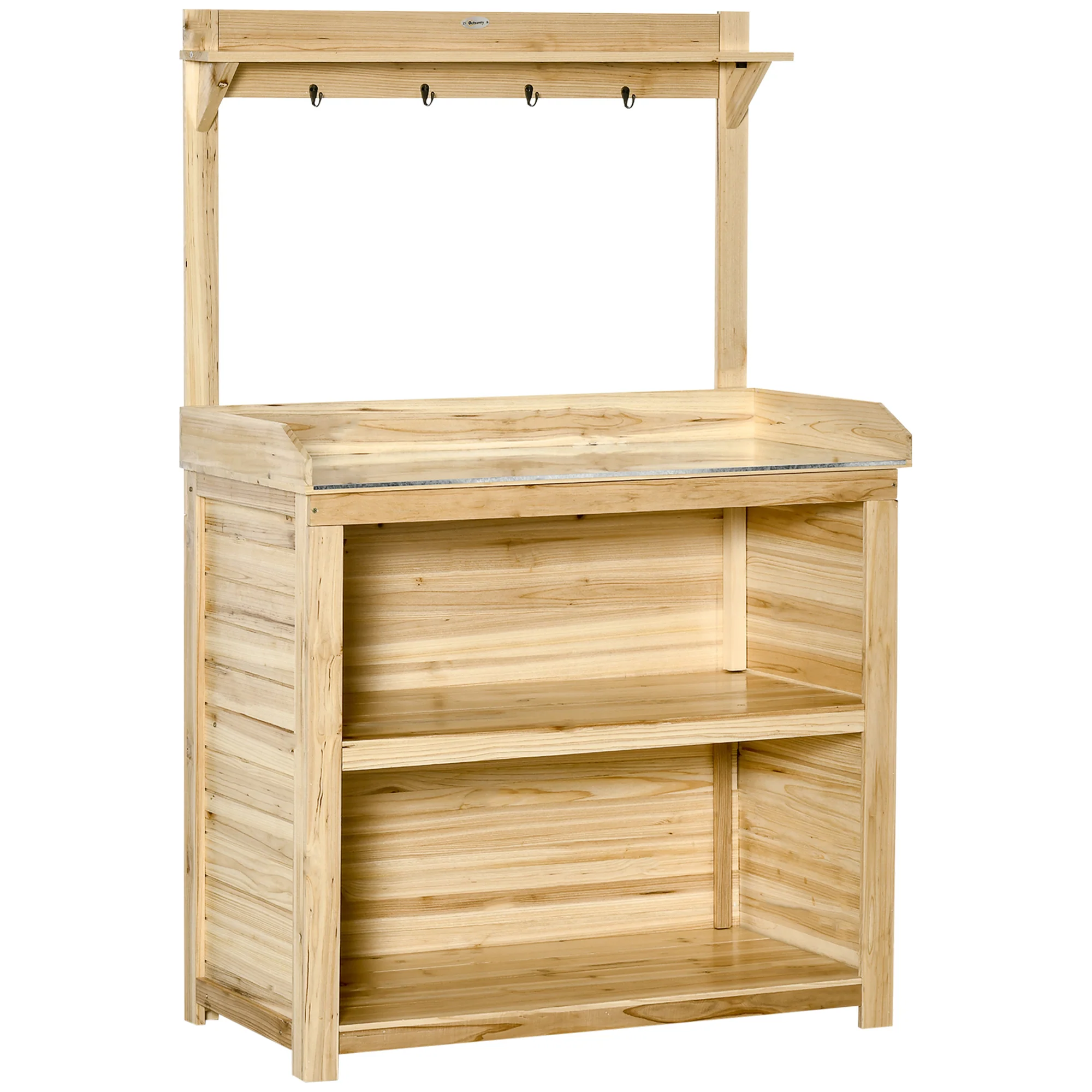 Potting Bench Table, Wooden Garden Workstation Bench with Galvanized Metal Tabletop, Storage Shelves and Hooks for Patios, Courtyards, Balcony - Image 12