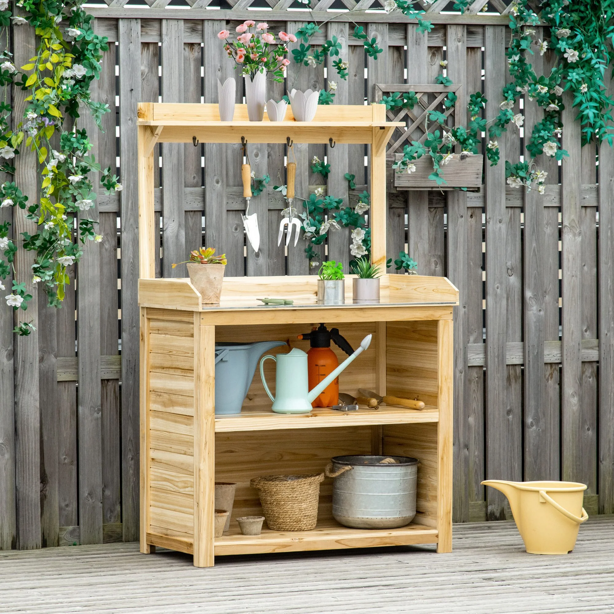 Potting Bench Table, Wooden Garden Workstation Bench with Galvanized Metal Tabletop, Storage Shelves and Hooks for Patios, Courtyards, Balcony - Image 3