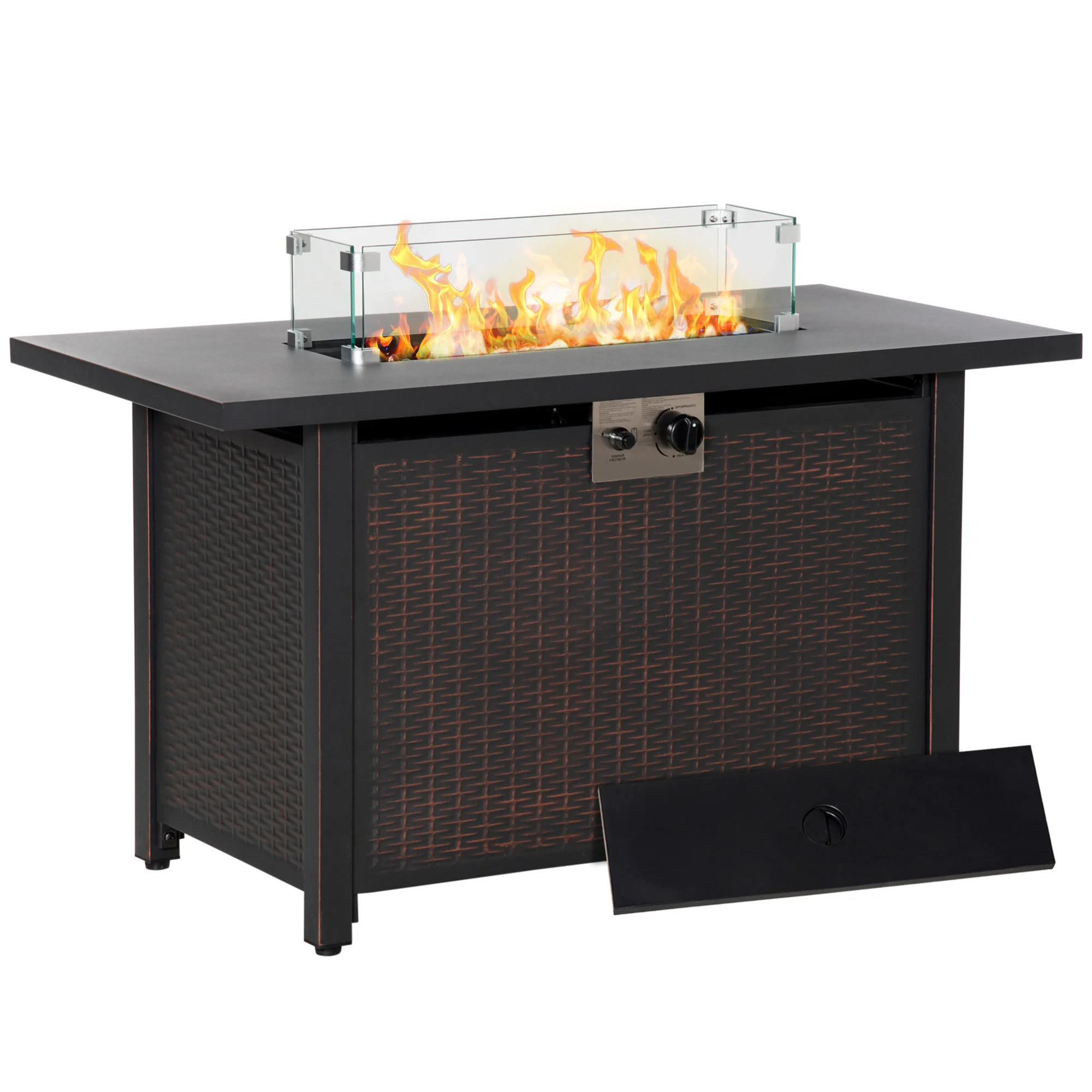 43" Propane Fire Pit Table, 50,000 BTU Pulse-Ignition Wicker Firepit, Bronze