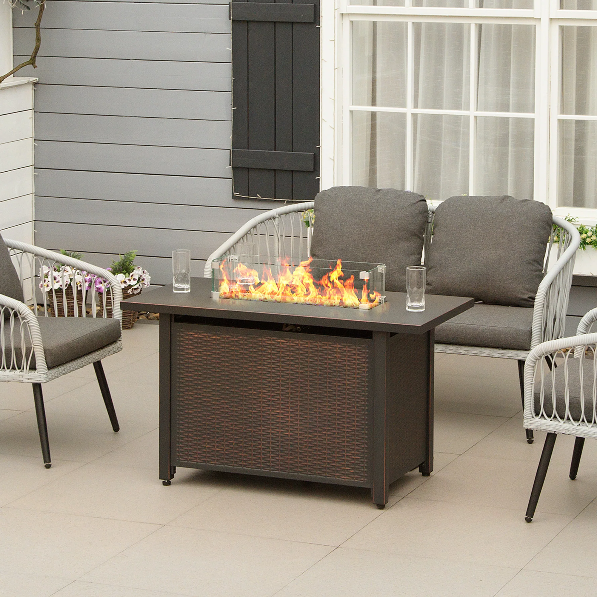 43" Propane Fire Pit Table, 50,000 BTU Pulse-Ignition Wicker Firepit, Bronze - Image 4