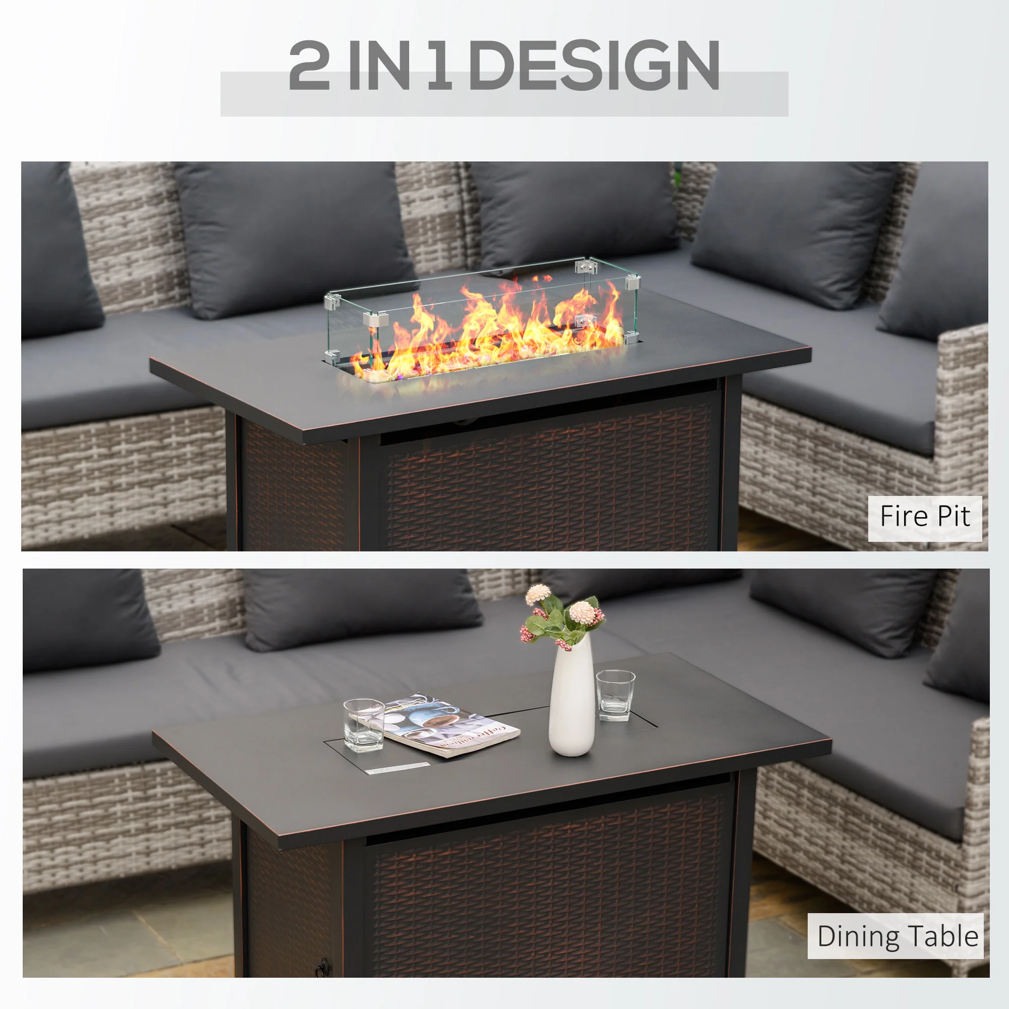 43" Propane Fire Pit Table, 50,000 BTU Pulse-Ignition Wicker Firepit, Bronze - Image 6