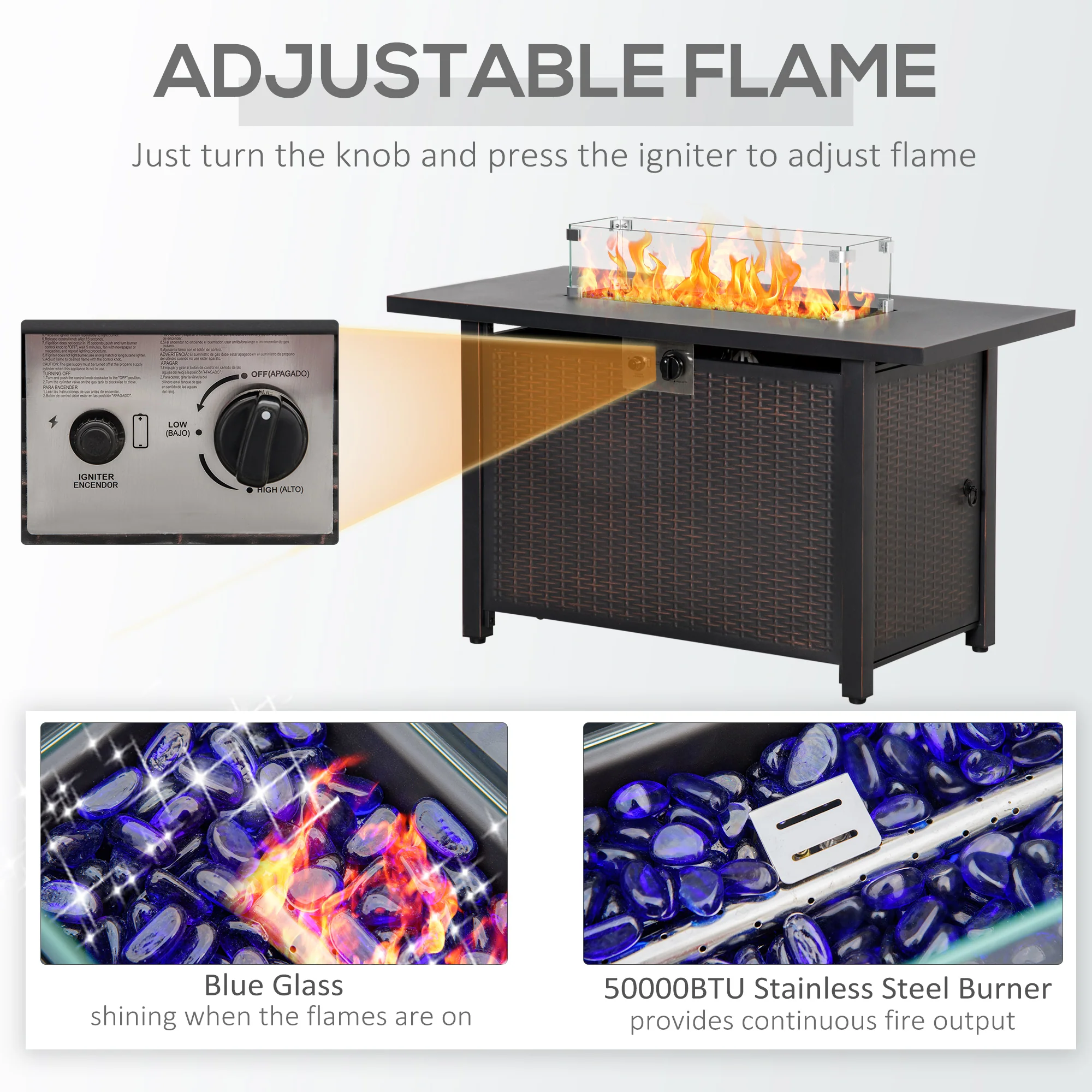 43" Propane Fire Pit Table, 50,000 BTU Pulse-Ignition Wicker Firepit, Bronze - Image 8