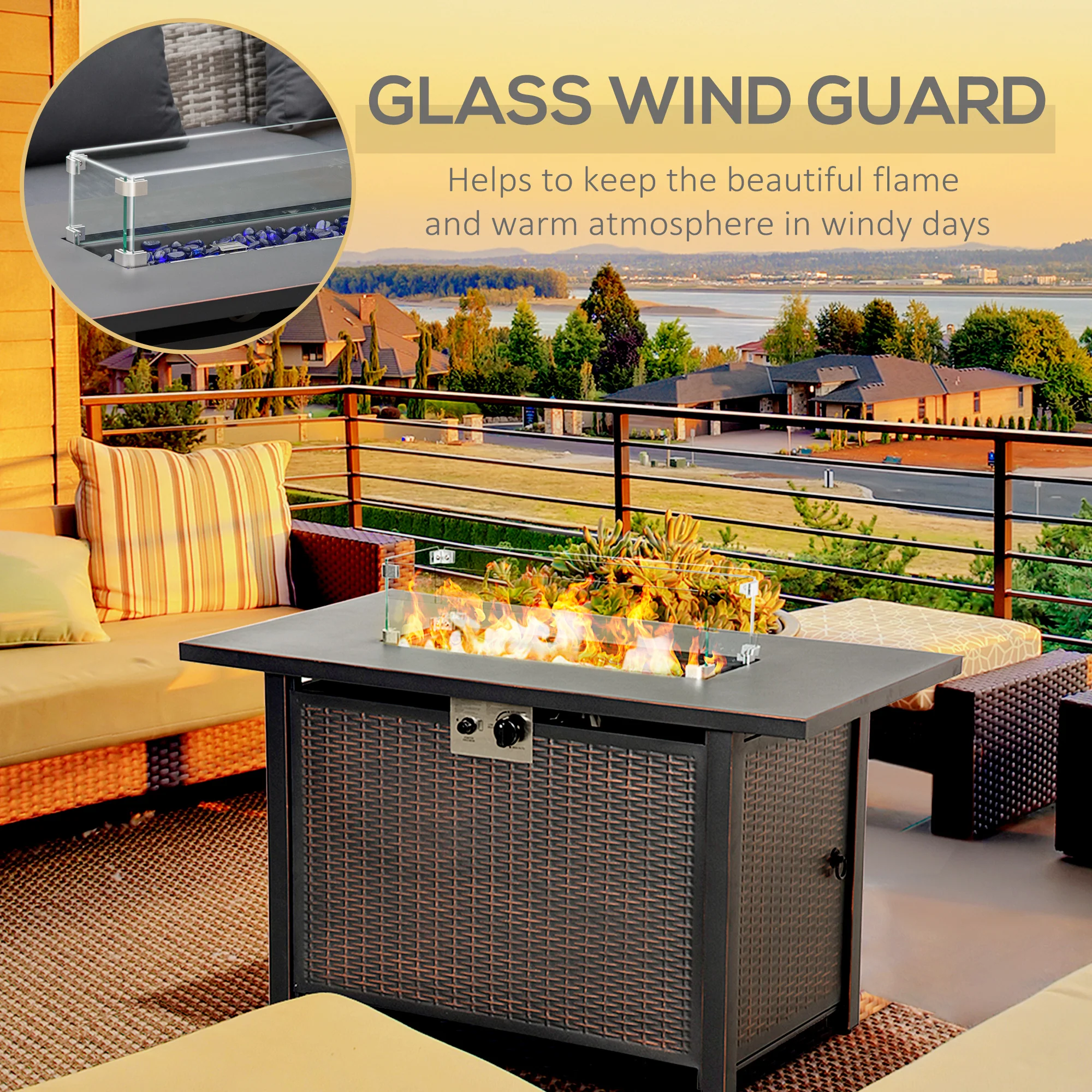 43" Propane Fire Pit Table, 50,000 BTU Pulse-Ignition Wicker Firepit, Bronze - Image 9