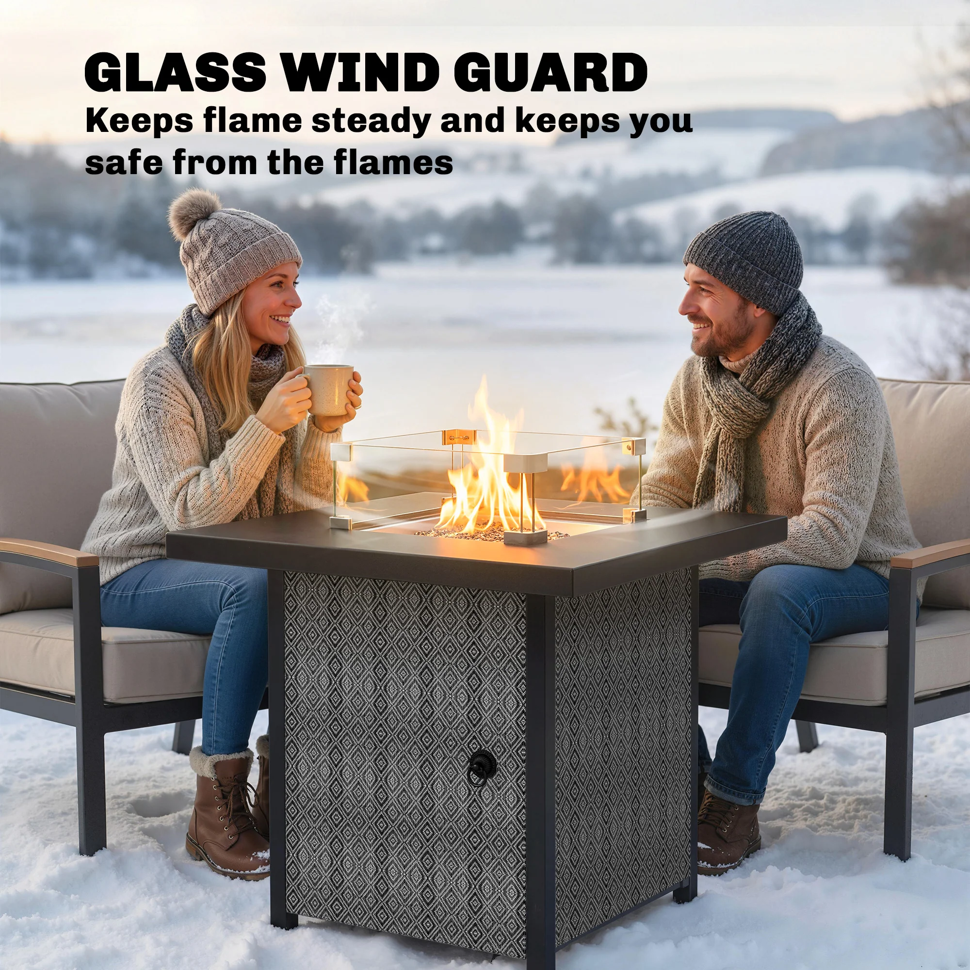 11.7 KW Propane Gas Fire Pit Table with Wind Guard and Lid, Black - Image 9