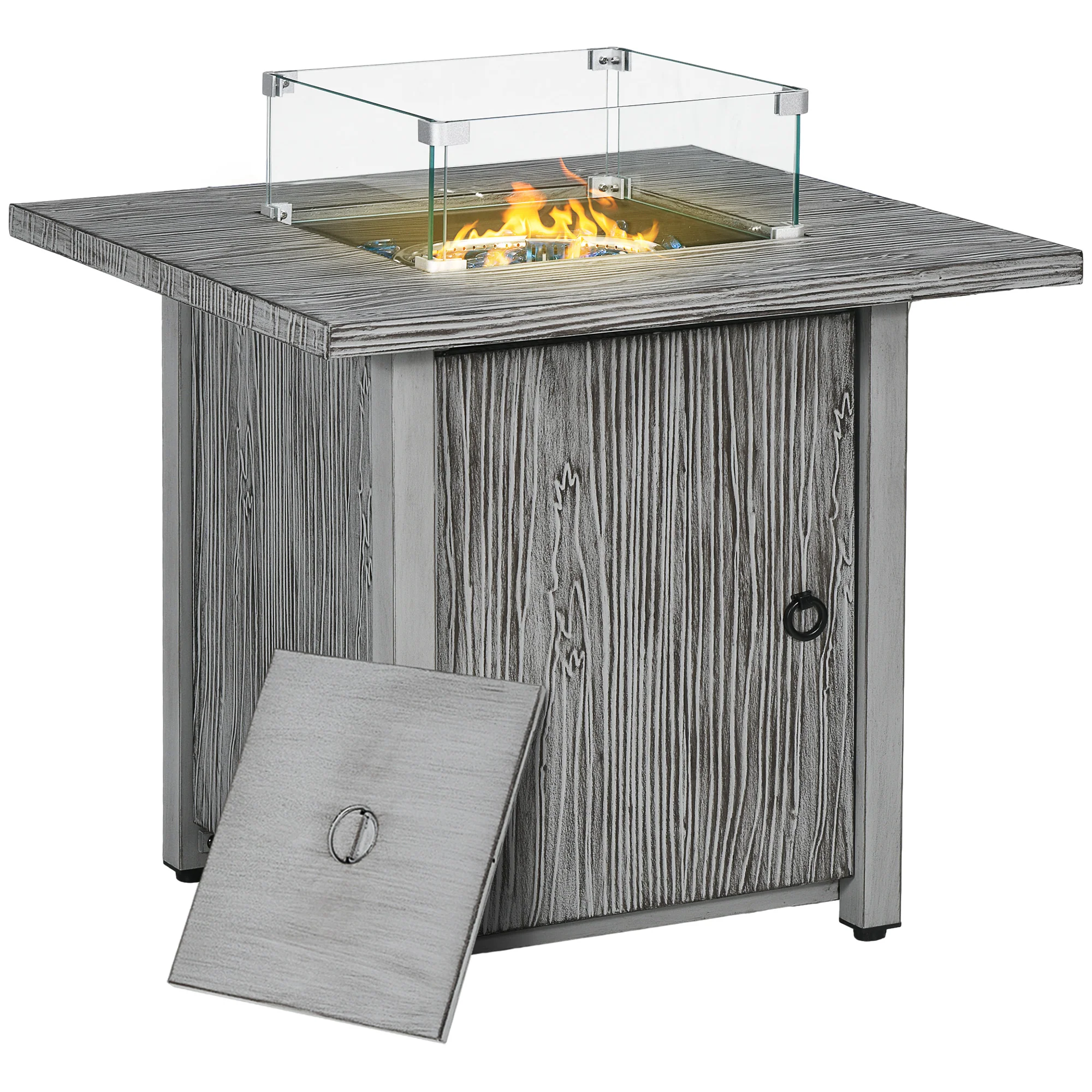 40000 BTU Propane Gas Fire Pit Table w/ Glass Screen, Glass Beads and Lid, 71 x 71 x 62.5cm, Grey - Image 12