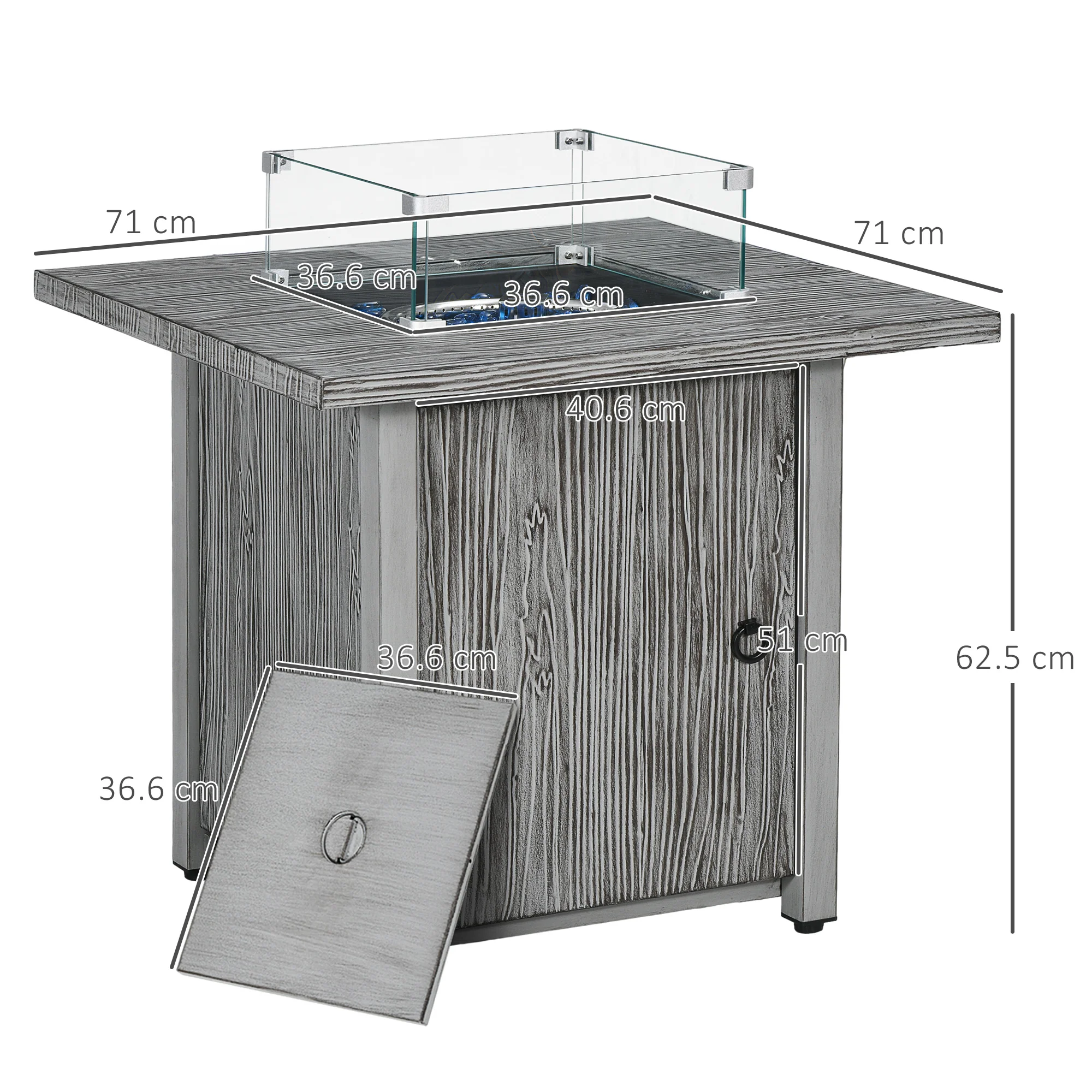 40000 BTU Propane Gas Fire Pit Table w/ Glass Screen, Glass Beads and Lid, 71 x 71 x 62.5cm, Grey - Image 5