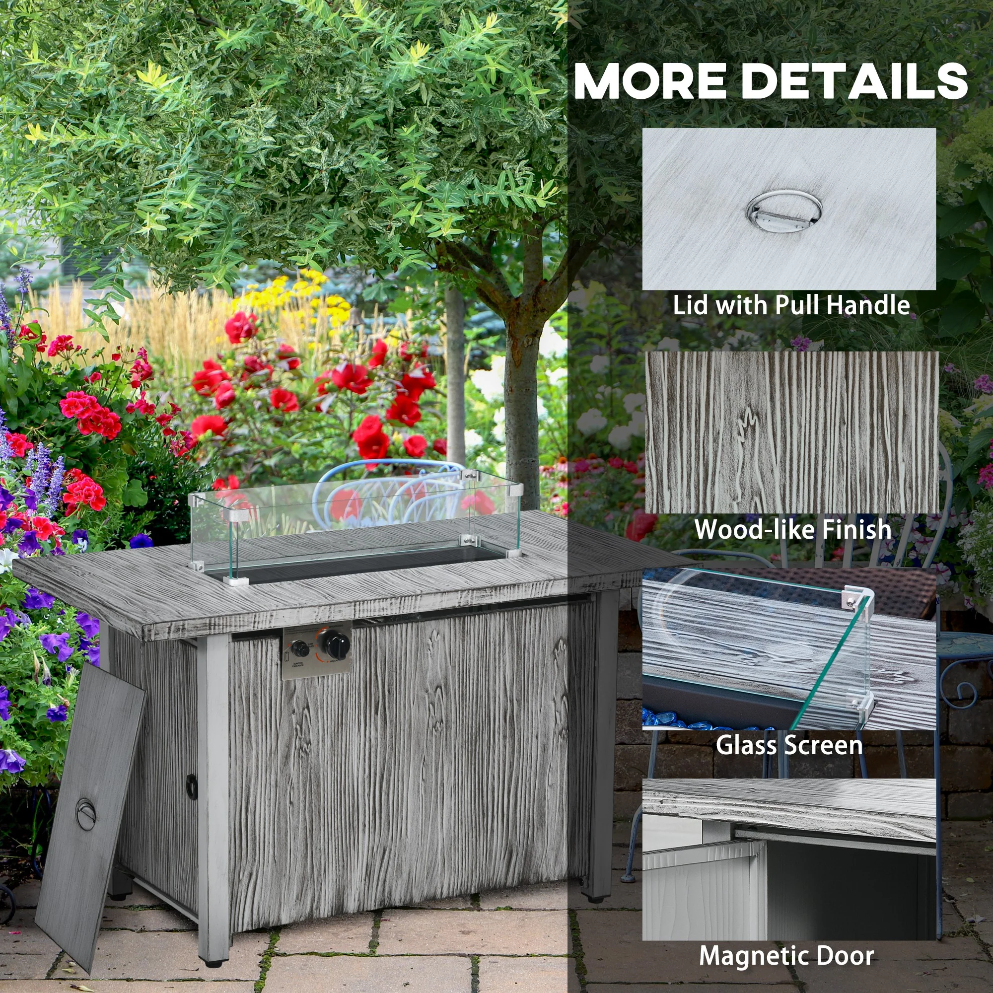50000 BTU Propane Gas Fire Pit Table with Glass Beads and Lid, 109 x 56 x 63cm, Grey - Image 10