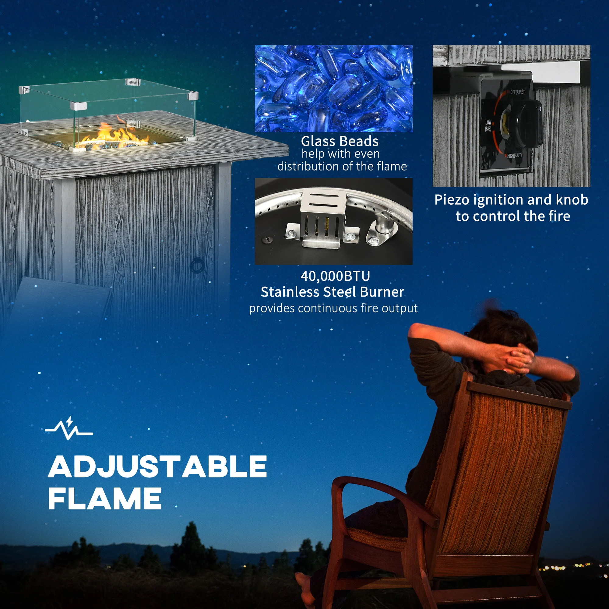 50000 BTU Propane Gas Fire Pit Table with Glass Beads and Lid, 109 x 56 x 63cm, Grey - Image 7