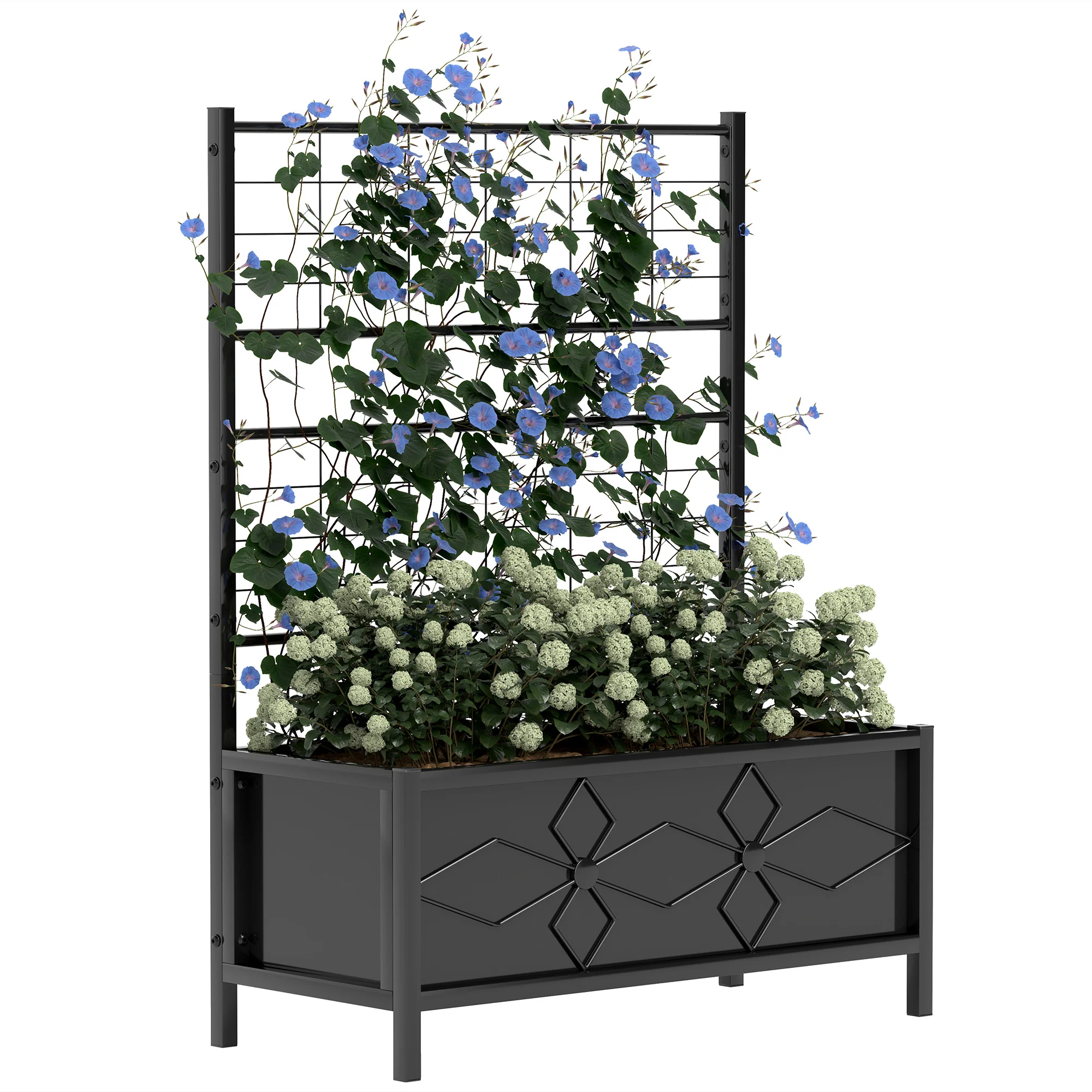 Raised Bed for Garden with Trellis, Galvanised Planter Box with Diamond Pattern, Drainage Holes for Vegetables, Herbs and Flowers, 90 x 40 x 120 cm, Black