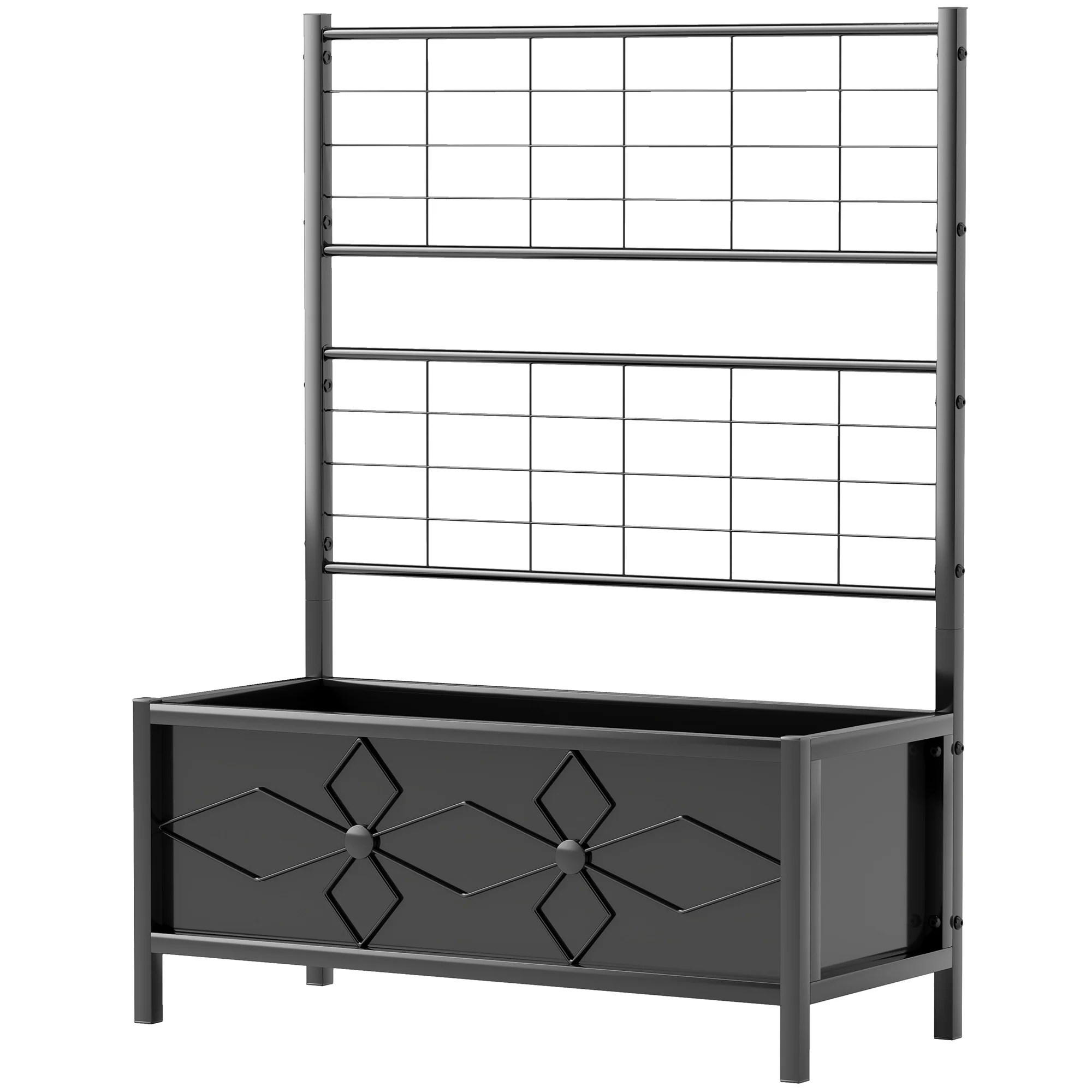 Raised Bed for Garden with Trellis, Galvanised Planter Box with Diamond Pattern, Drainage Holes for Vegetables, Herbs and Flowers, 90 x 40 x 120 cm, Black - Image 2