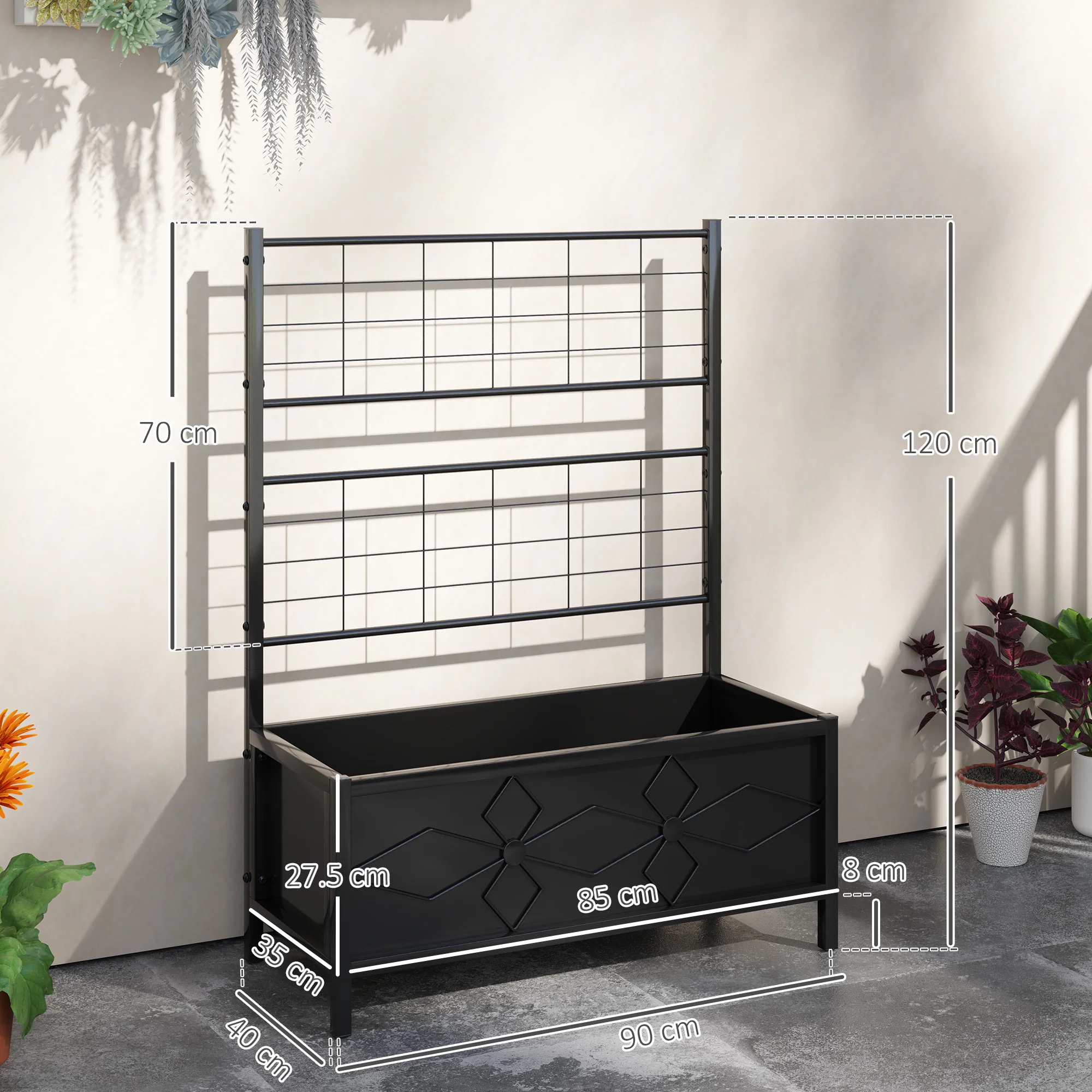 Raised Bed for Garden with Trellis, Galvanised Planter Box with Diamond Pattern, Drainage Holes for Vegetables, Herbs and Flowers, 90 x 40 x 120 cm, Black - Image 5