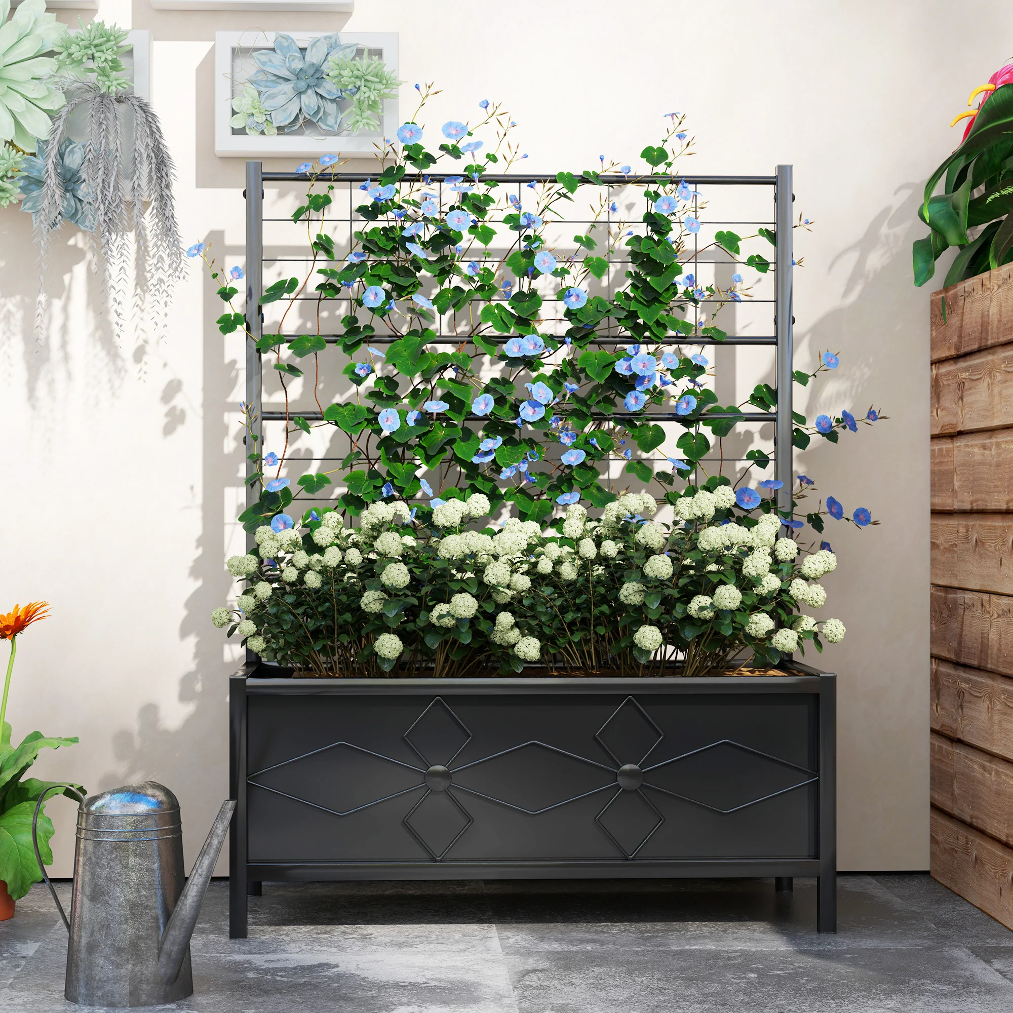 Raised Bed for Garden with Trellis, Galvanised Planter Box with Diamond Pattern, Drainage Holes for Vegetables, Herbs and Flowers, 90 x 40 x 120 cm, Black - Image 9