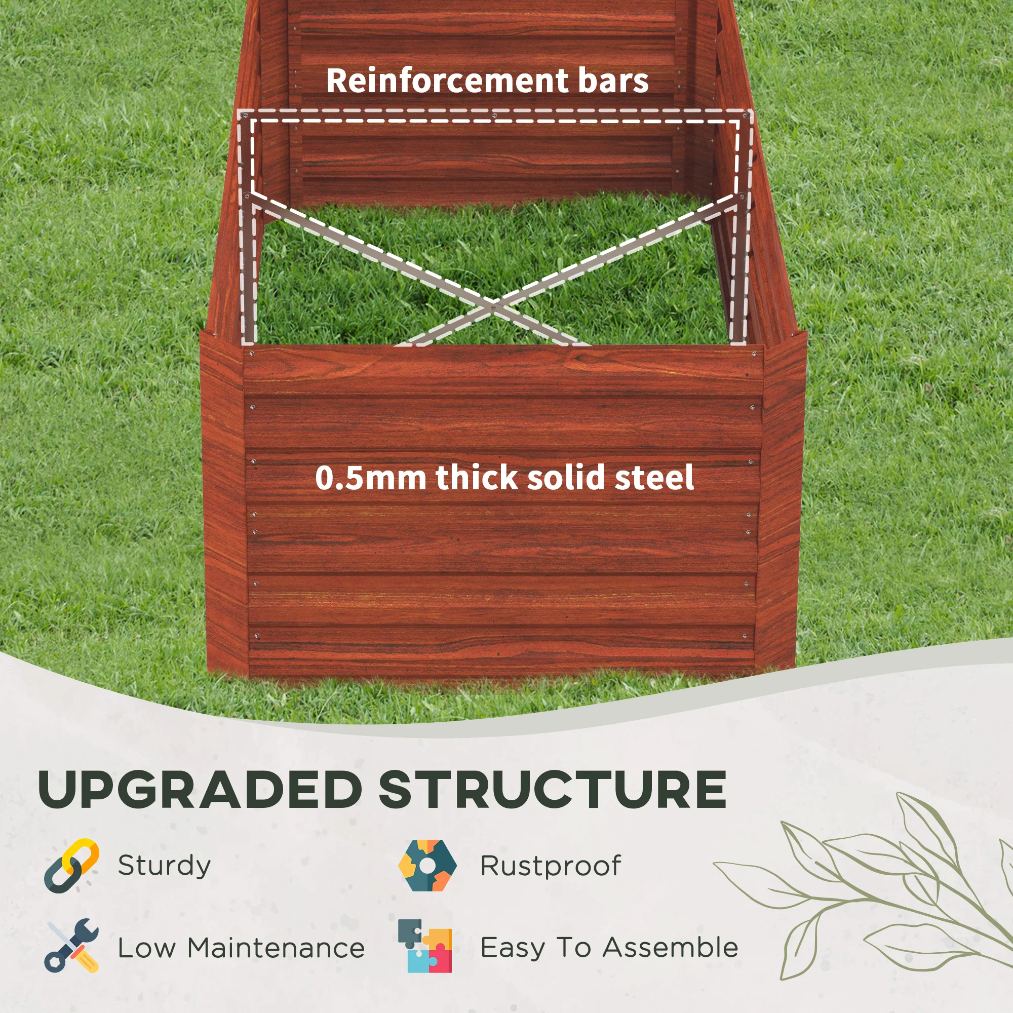 Raised Garden Bed, 6' x 3' x 2' Galvanized Steel Planters for Outdoor Plants with Multi-reinforced Rods for Vegetables, Flowers and Herbs, Rustic Brown - Image 7