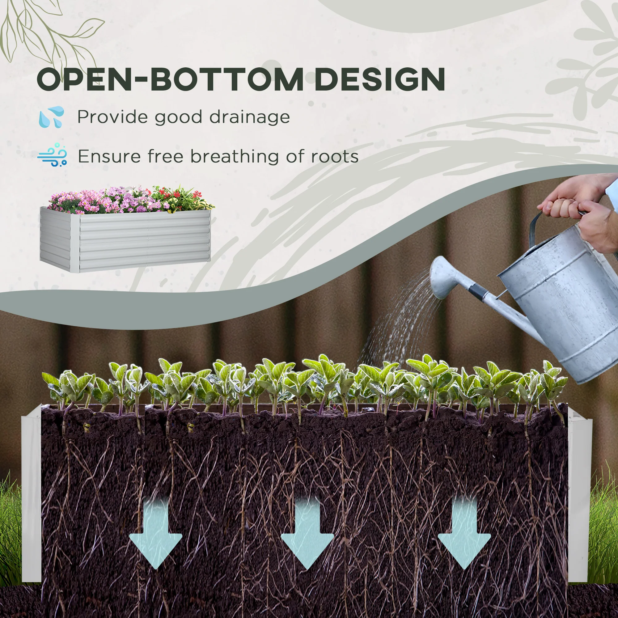 Raised Garden Bed, 6' x 3' x 2' Galvanized Steel Planters for Outdoor Plants with Multi-reinforced Rods for Vegetables, Flowers and Herbs, Light Grey - Image 6