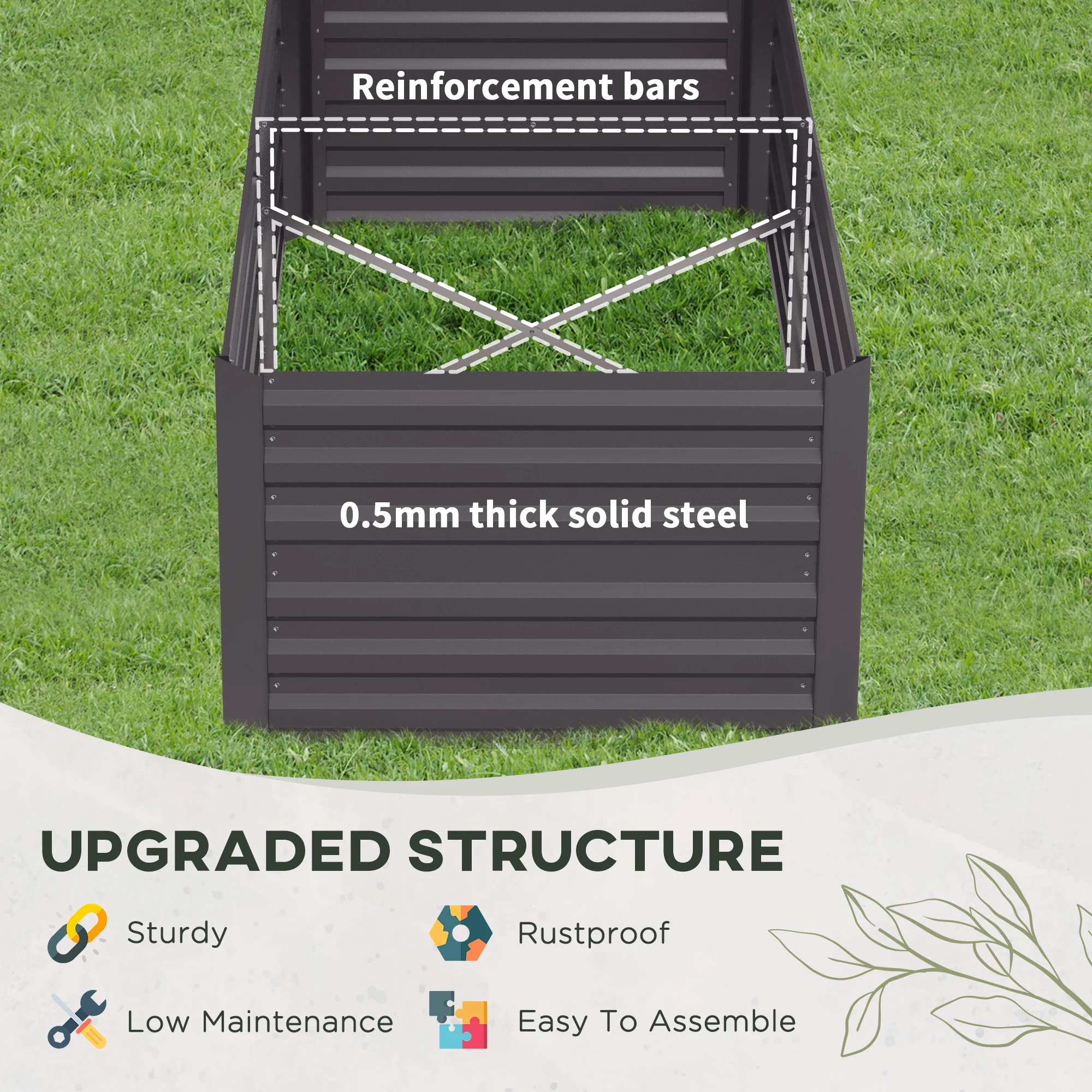 Raised Garden Bed, 6' x 3' x 2' Galvanized Steel Planters for Outdoor Plants with Multi-reinforced Rods for Vegetables, Flowers and Herbs, Dark Grey - Image 7