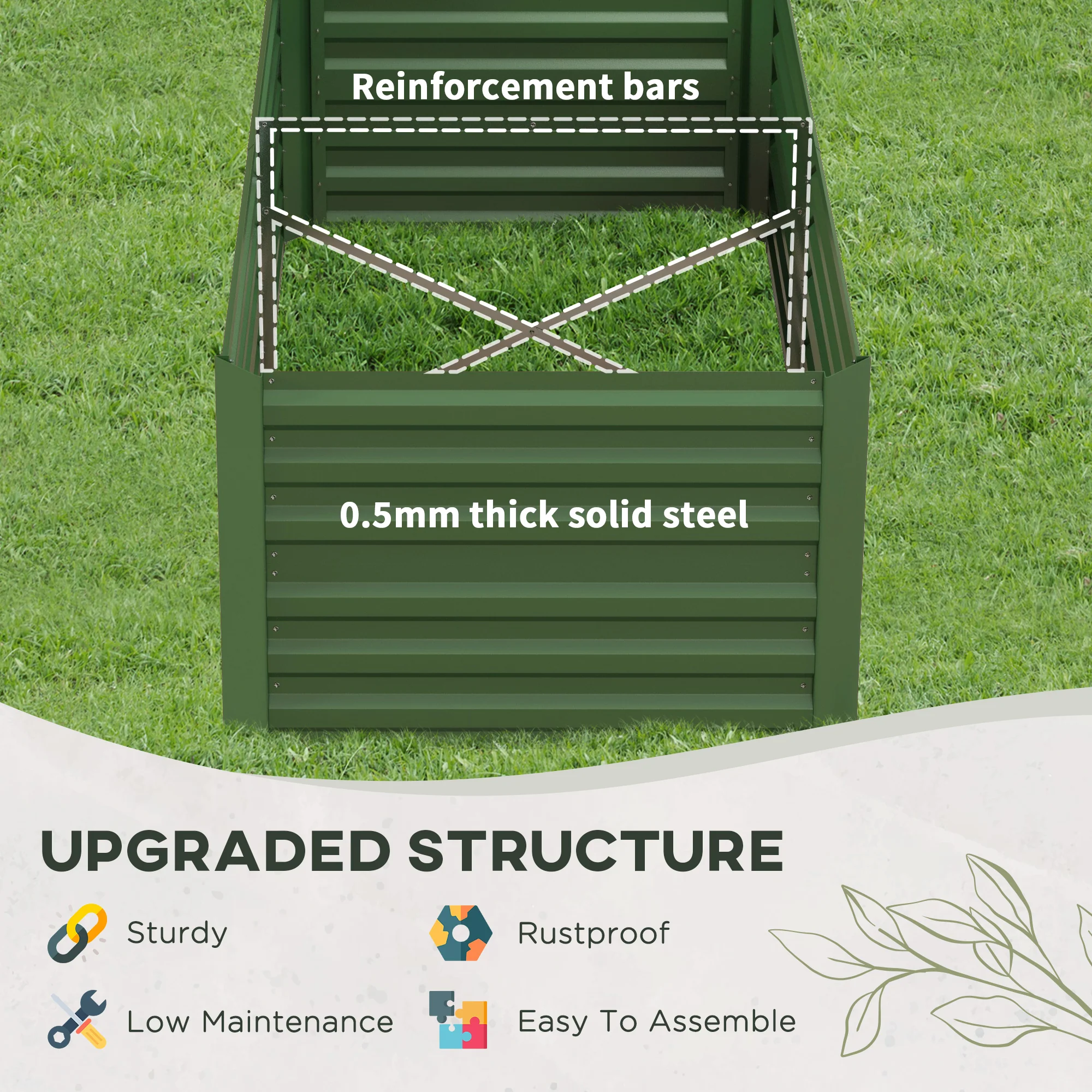 Raised Garden Bed, 6' x 3' x 2' Galvanized Steel Planters for Outdoor Plants with Multi-reinforced Rods for Vegetables, Flowers and Herbs, Green - Image 7