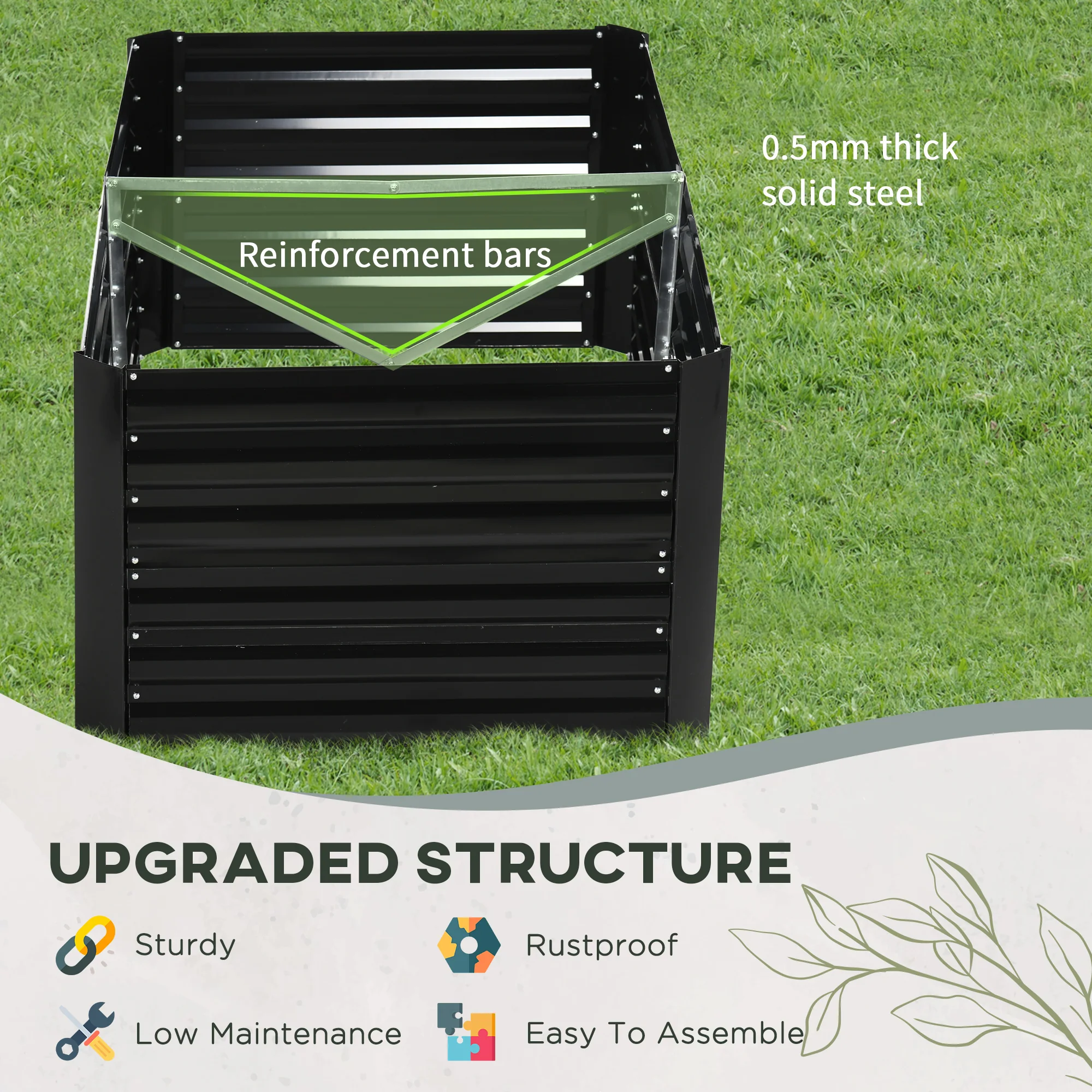 Raised Garden Bed, 6' x 3' x 2' Galvanized Steel Planters for Outdoor Plants with Multi-reinforced Rods for Vegetables, Flowers and Herbs, Black - Image 7