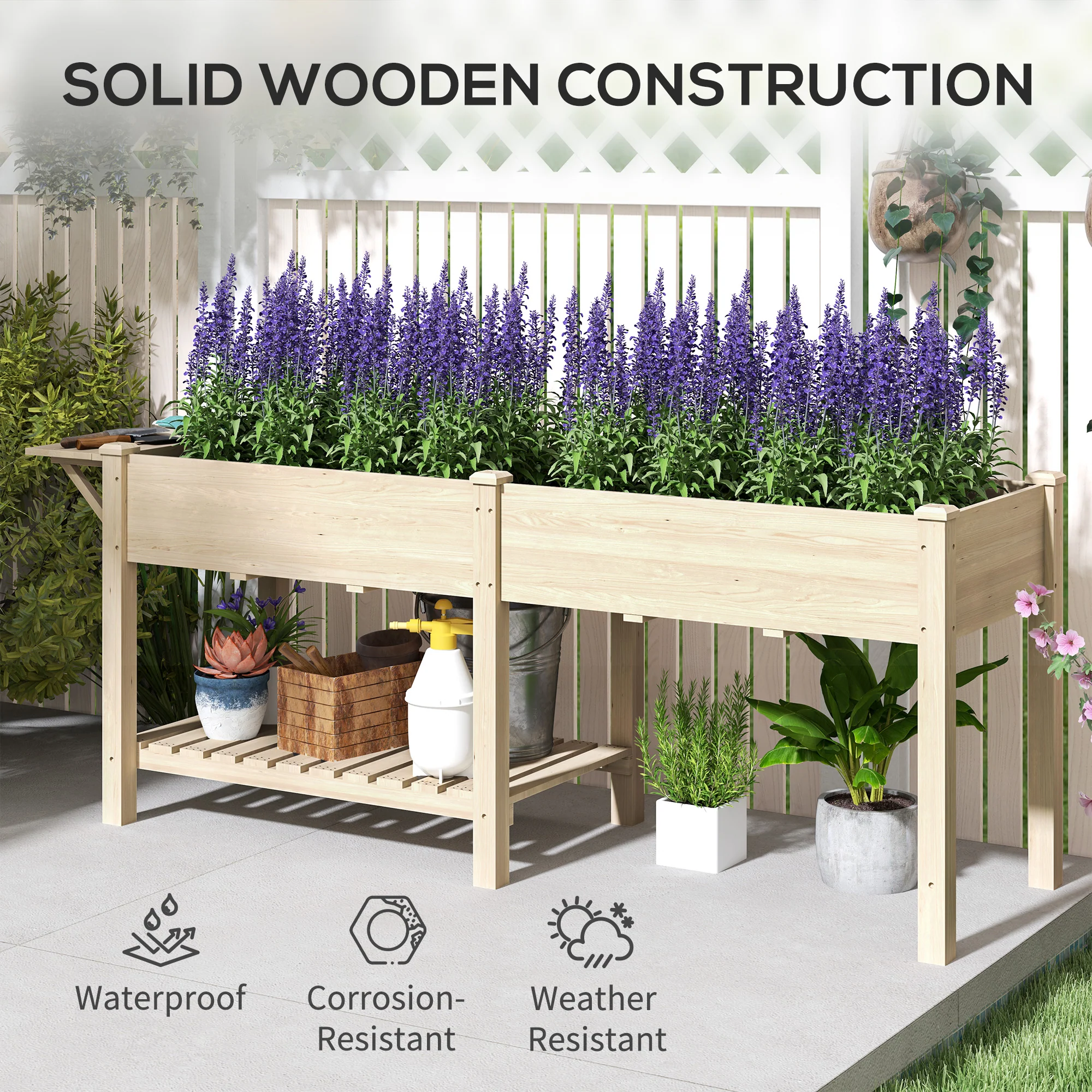 Wood Raised Garden Bed with Foldable Side Table & Bottom Shelf, 81.5" x 23" x 30.5", Natural - Image 10