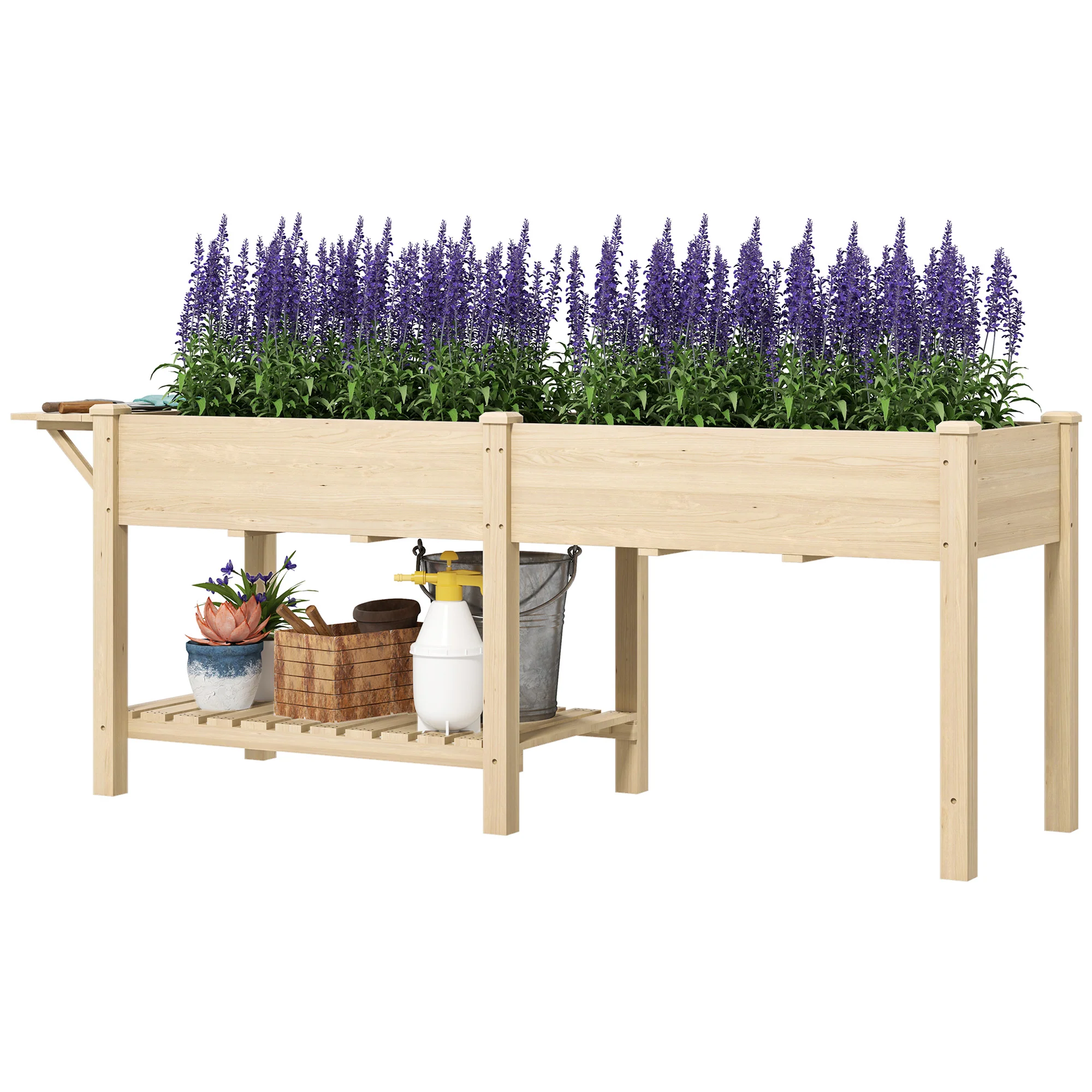 Wood Raised Garden Bed with Foldable Side Table & Bottom Shelf, 81.5" x 23" x 30.5", Natural - Image 2