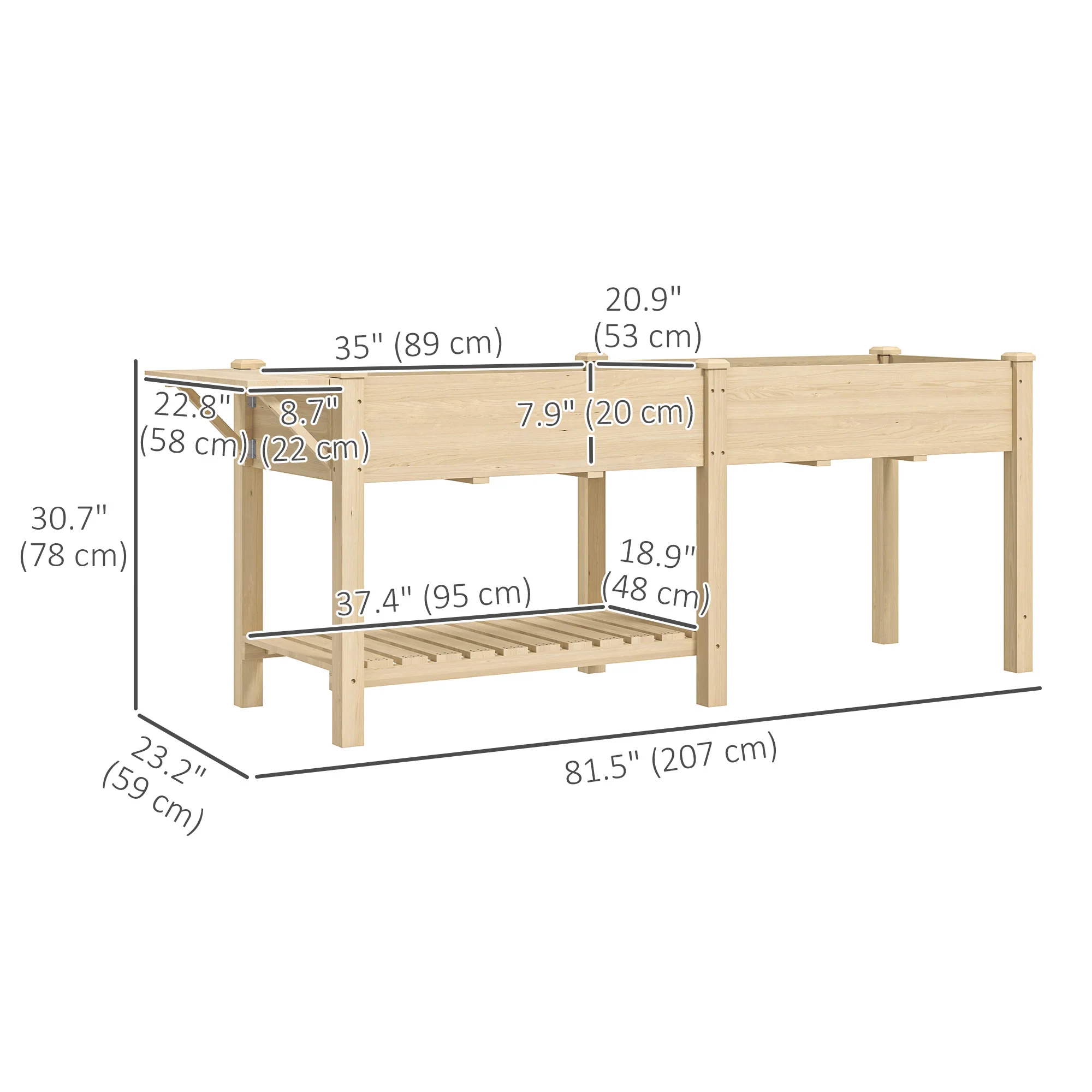 Wood Raised Garden Bed with Foldable Side Table & Bottom Shelf, 81.5" x 23" x 30.5", Natural - Image 5