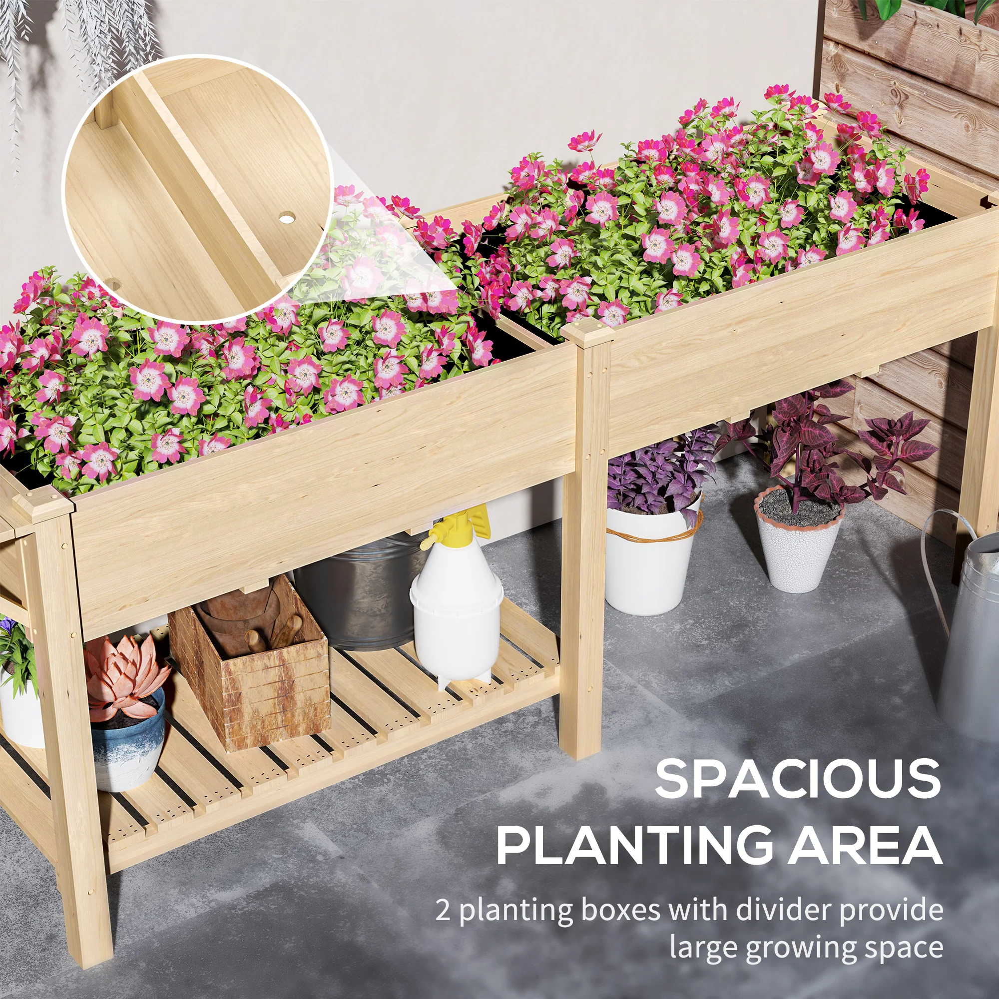 Wood Raised Garden Bed with Foldable Side Table & Bottom Shelf, 81.5" x 23" x 30.5", Natural - Image 6