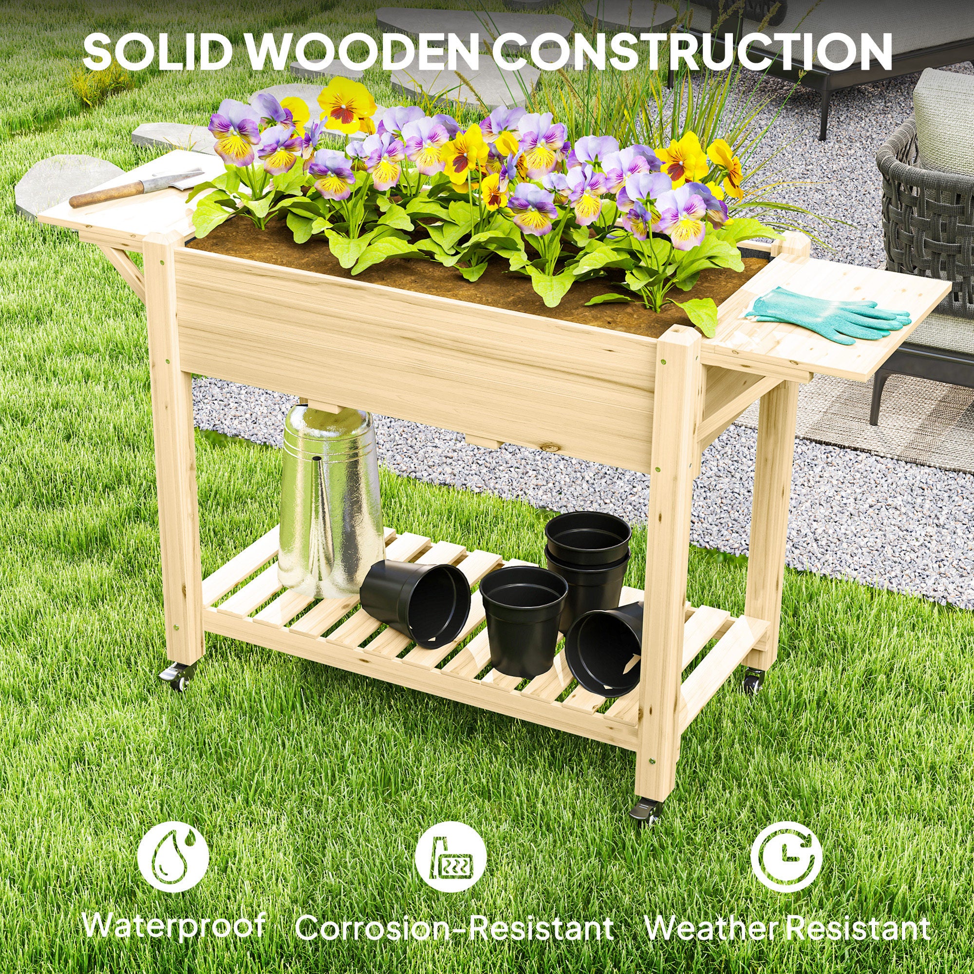 Elevated Wood Raised Garden Bed with Lockable Wheels & Foldable Side Tables, Natural - Image 10