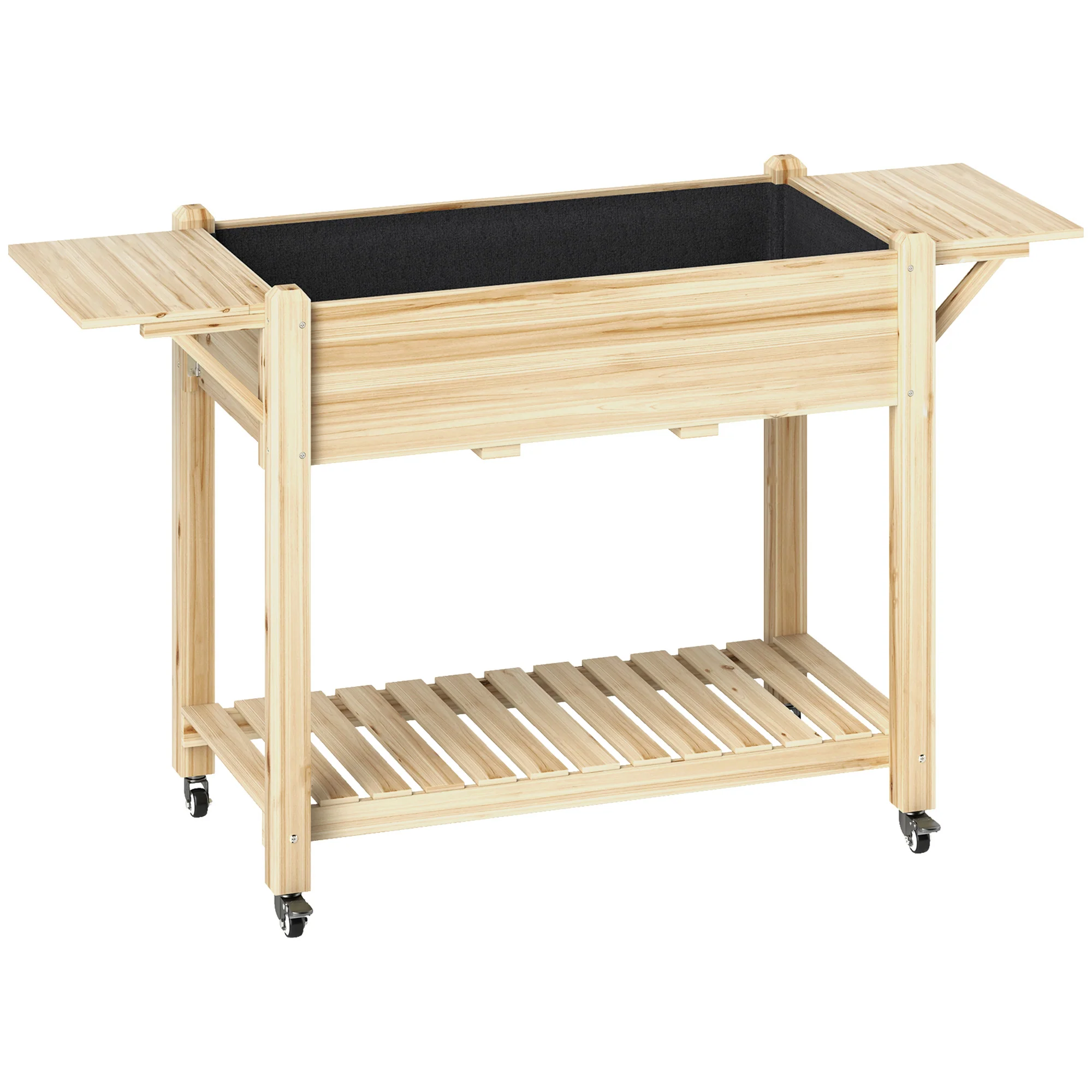 Elevated Wood Raised Garden Bed with Lockable Wheels & Foldable Side Tables, Natural - Image 12