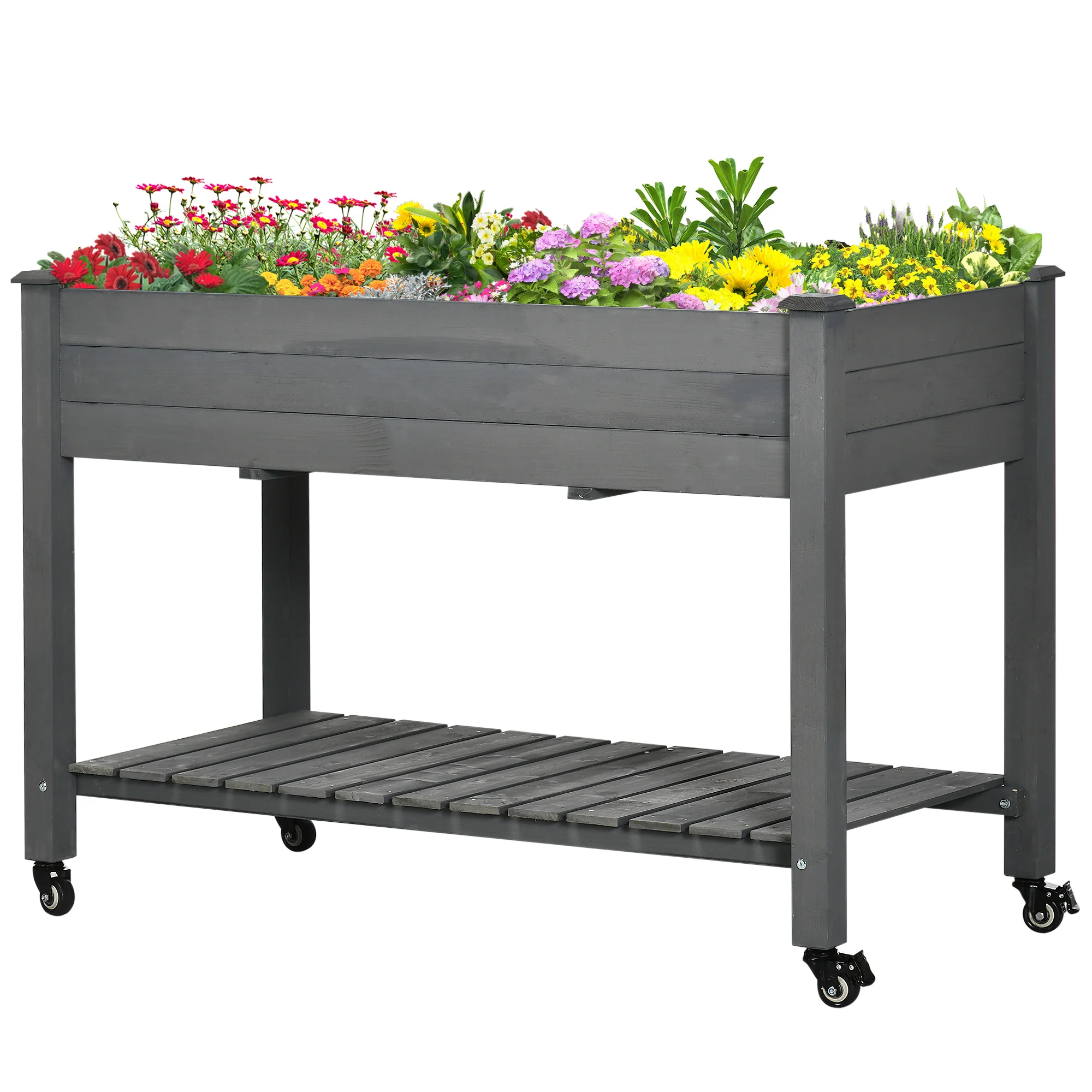 Raised Garden Bed with Lockable Wheels & Shelf, Dark Grey - Image 2