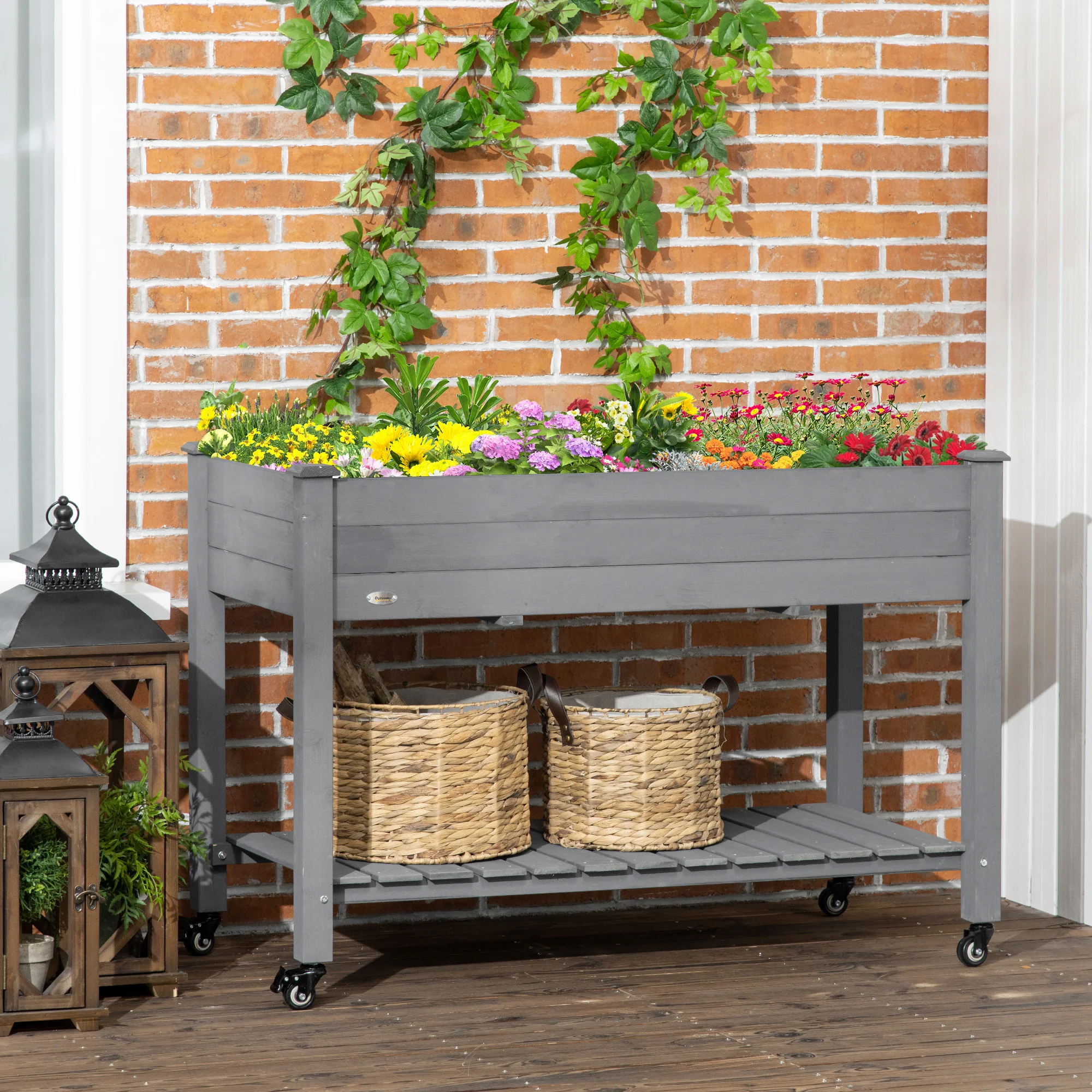 Raised Garden Bed with Lockable Wheels & Shelf, Dark Grey - Image 3