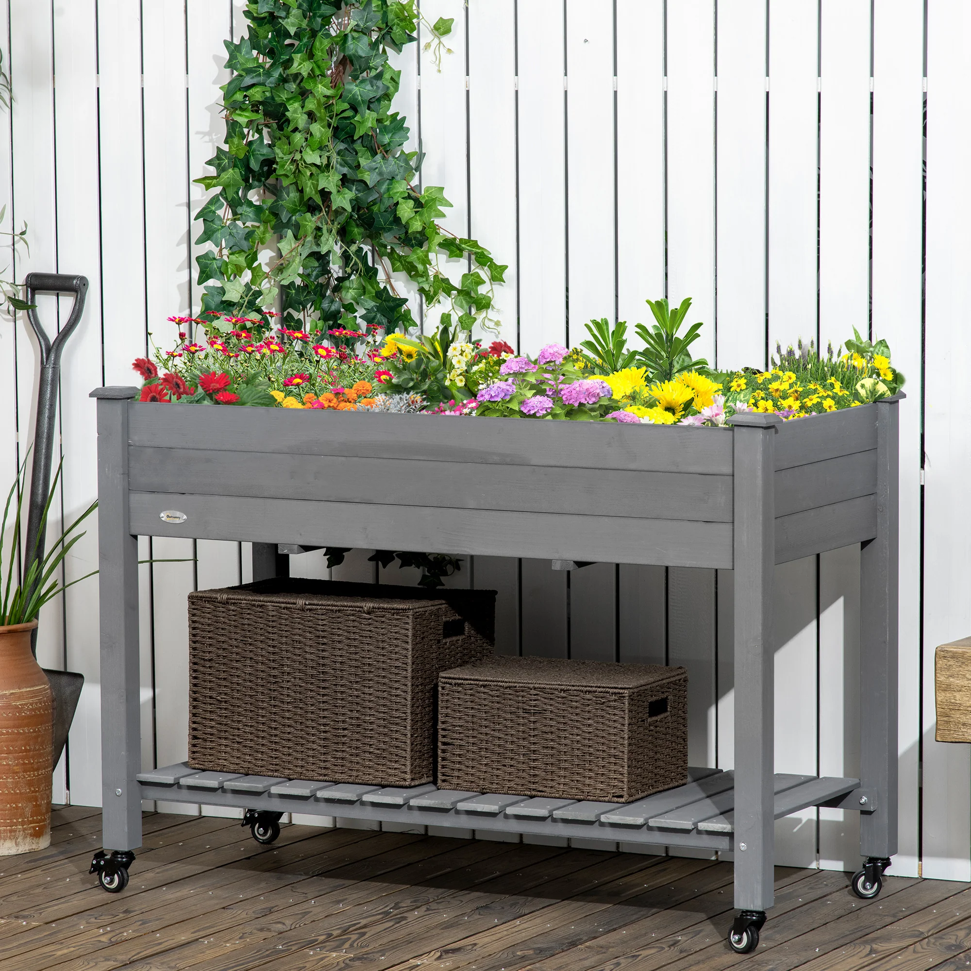 Raised Garden Bed with Lockable Wheels & Shelf, Dark Grey - Image 4