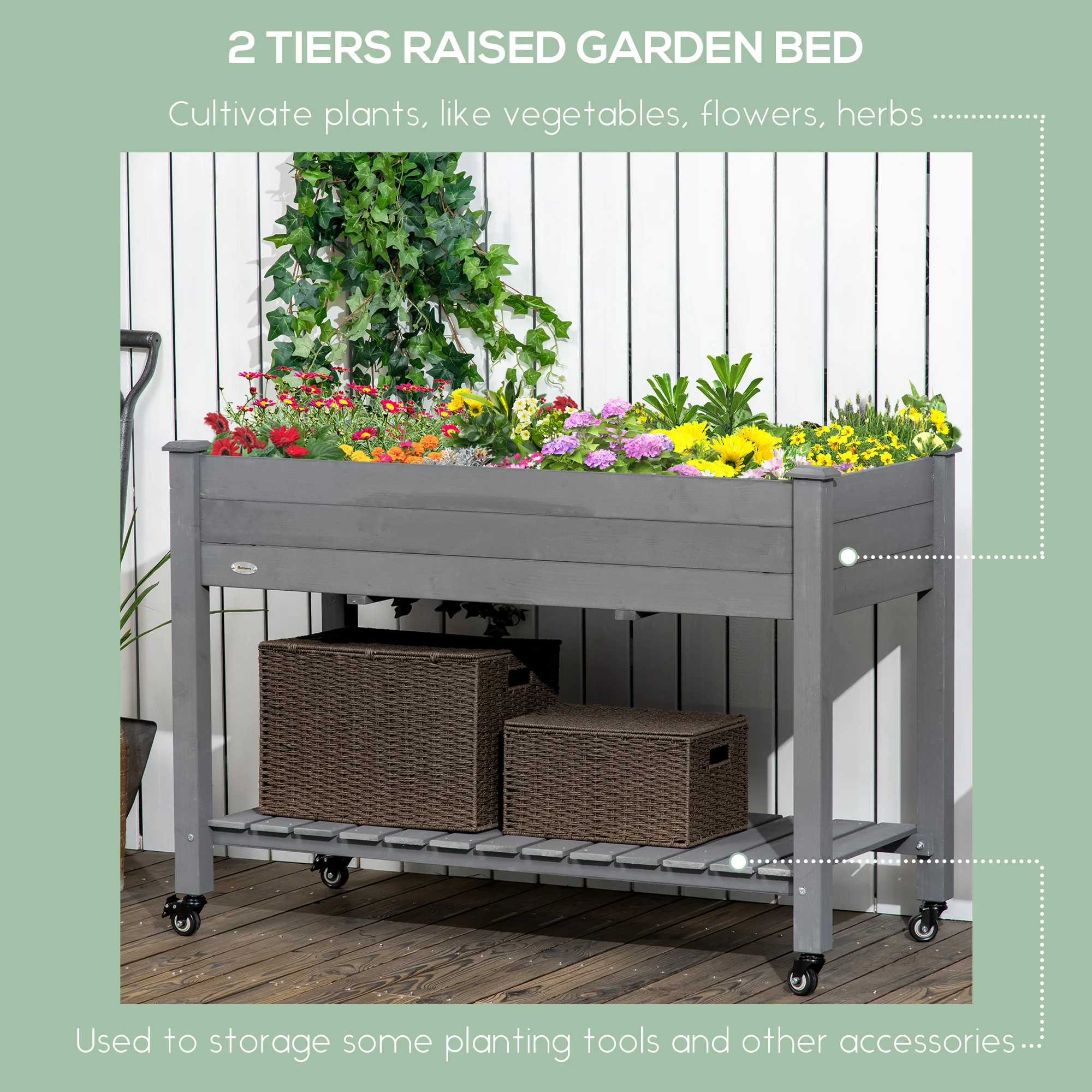 Raised Garden Bed with Lockable Wheels & Shelf, Dark Grey - Image 6