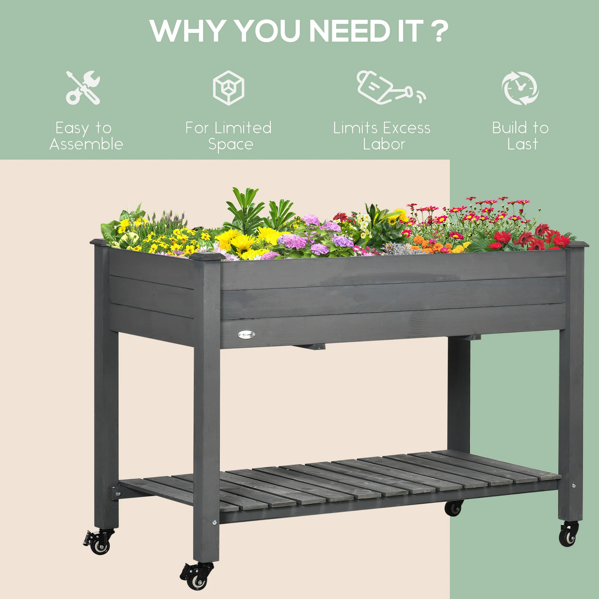 Raised Garden Bed with Lockable Wheels & Shelf, Dark Grey - Image 9