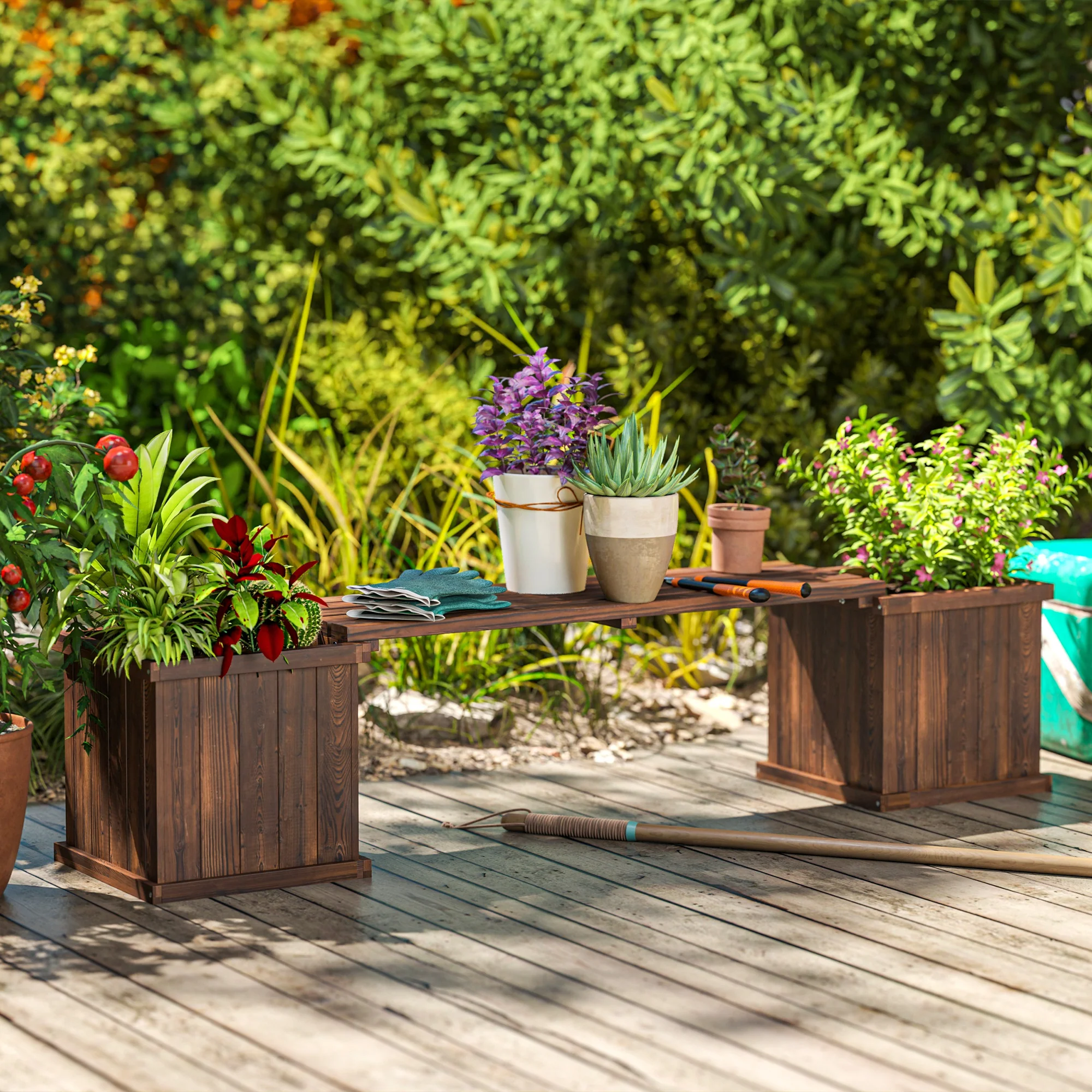 Wooden Planter & Bench Combination, 69.25" x 15" x 15.75", Carbonized - Image 9