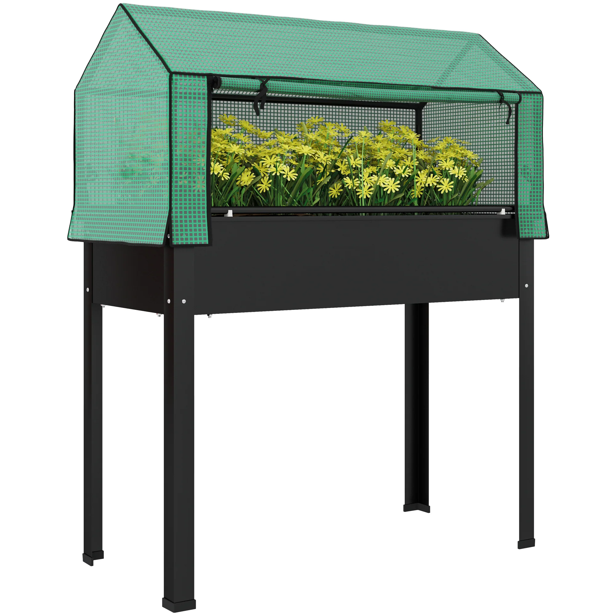 39.4" x 18.9" x 49.6" Raised Garden Bed with Flip-Up PE Greenhouse Cover & Drainage Hole, Black